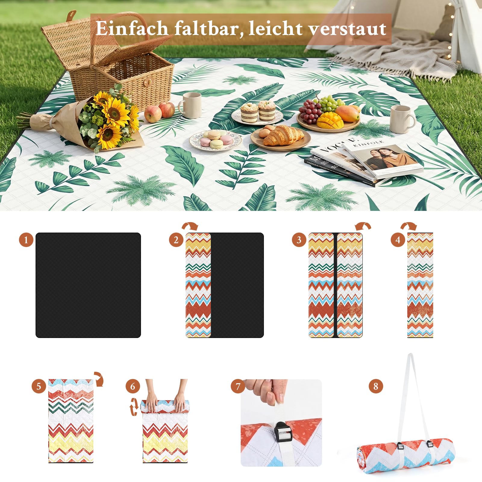 TXBOBECO Koc piknikowy 200x200cm XXL, wodoszczelna mata plażowa bez piasku, koc na kemping na świeżym powietrzu z uchwytem i kołkami, do pikniku, kempingu, parku, ogrodu - liść