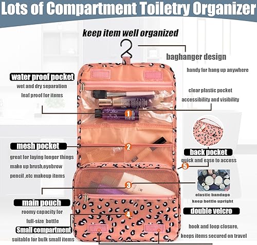 Miniatura 3 de L&FY Neceser de viaje portátil multifunción, bolsa de maquillaje cosmético, estuche de aseo organizador de lavado, Impresión de leopardo.,