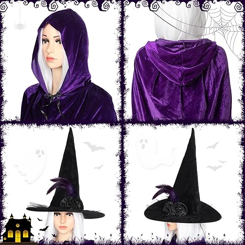 Miniatura 4 de Enhon Kit de capa con capucha y sombrero de bruja, capa de terciopelo para disfraz de bruja y sombrero para Halloween, disfraz renacentista y cosplay