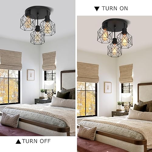 Miniatura 7 de Lámpara de techo industrial de 3 luces, lámpara de techo de jaula de hierro, 3 lámparas cerca del techo, lámpara moderna para dormitorio, entrada,