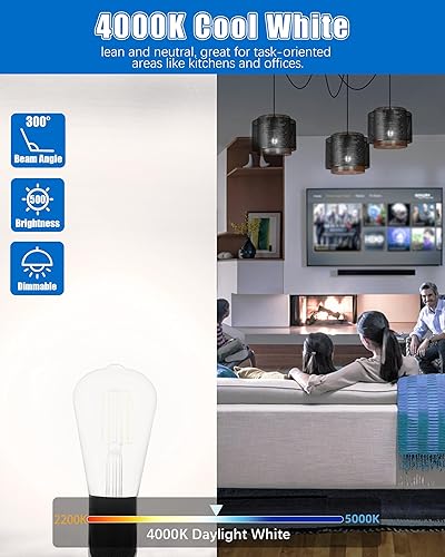 Miniatura 4 de MASTERY MART Paquete de 16 bombillas Edison vintage, bombilla LED E26 de 5.5 W equivalente a 60 W, regulable, blanco frío de 4000 K, ST58 antiguo de