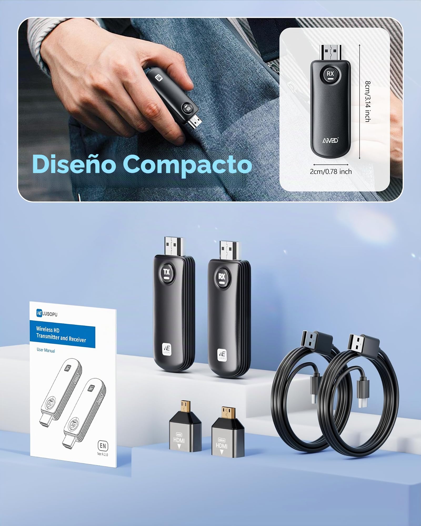 Transmisor y Receptor HDMI Inalámbrico, Decodificación 4K Salida 1080P, 5.8G Portátil Wireless HDMI Extensor para Transmitir Vídeo Audio File en PC Portátil Box a Monitor HDTV Proyector