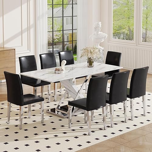 Miniatura 28 de Juego de mesa de comedor de mármol para mesa rectangular blanca de 6.63 pulgadas con marco de metal plateado en forma de X y 6 sillas de comedor de