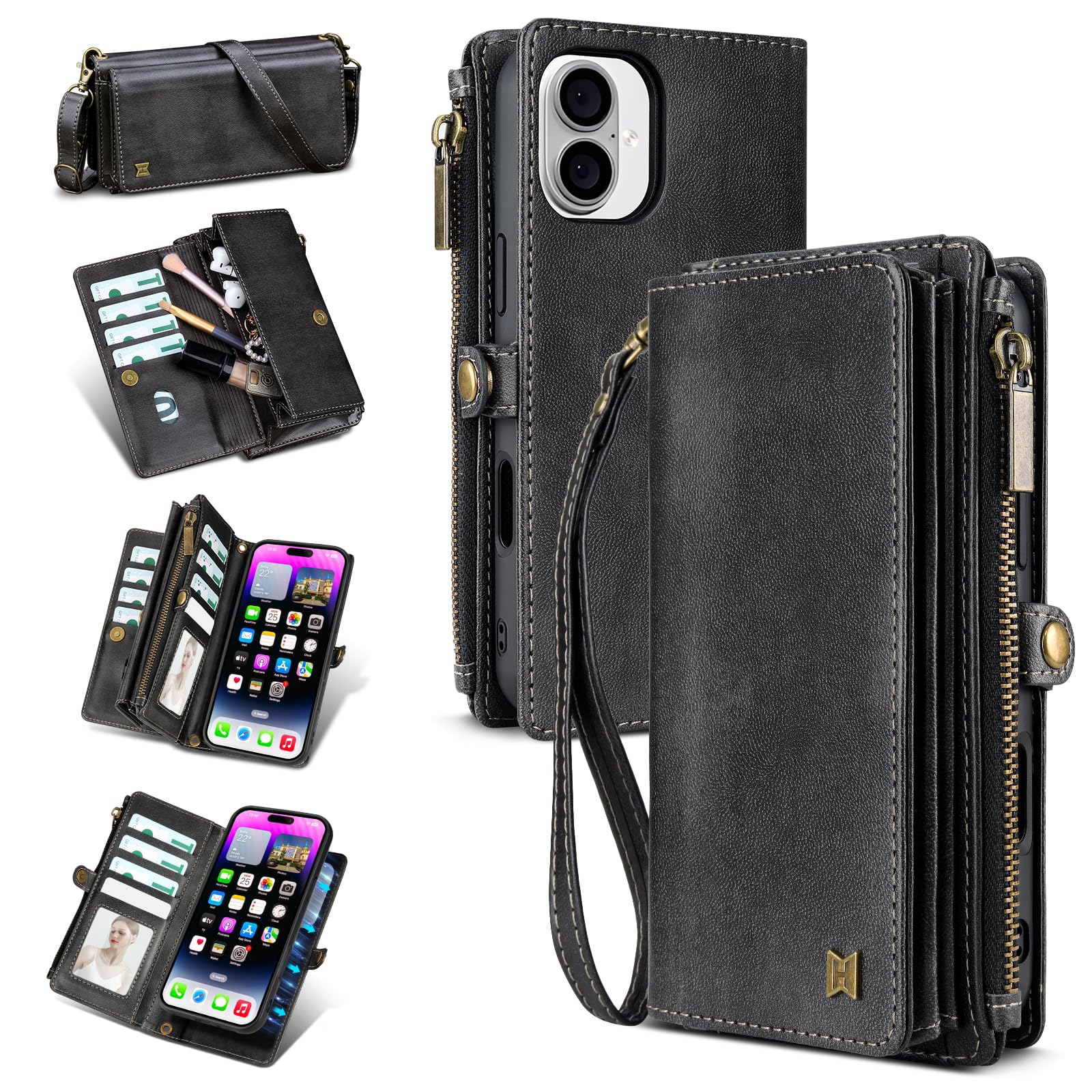 QIXIU for iPhone 16 Wallet Case(Holds Lipstick, Headphones, etc.),2-in-1 Multi-Functional Portable Magnetic Faux Leather Phone Case with RFID Blocking