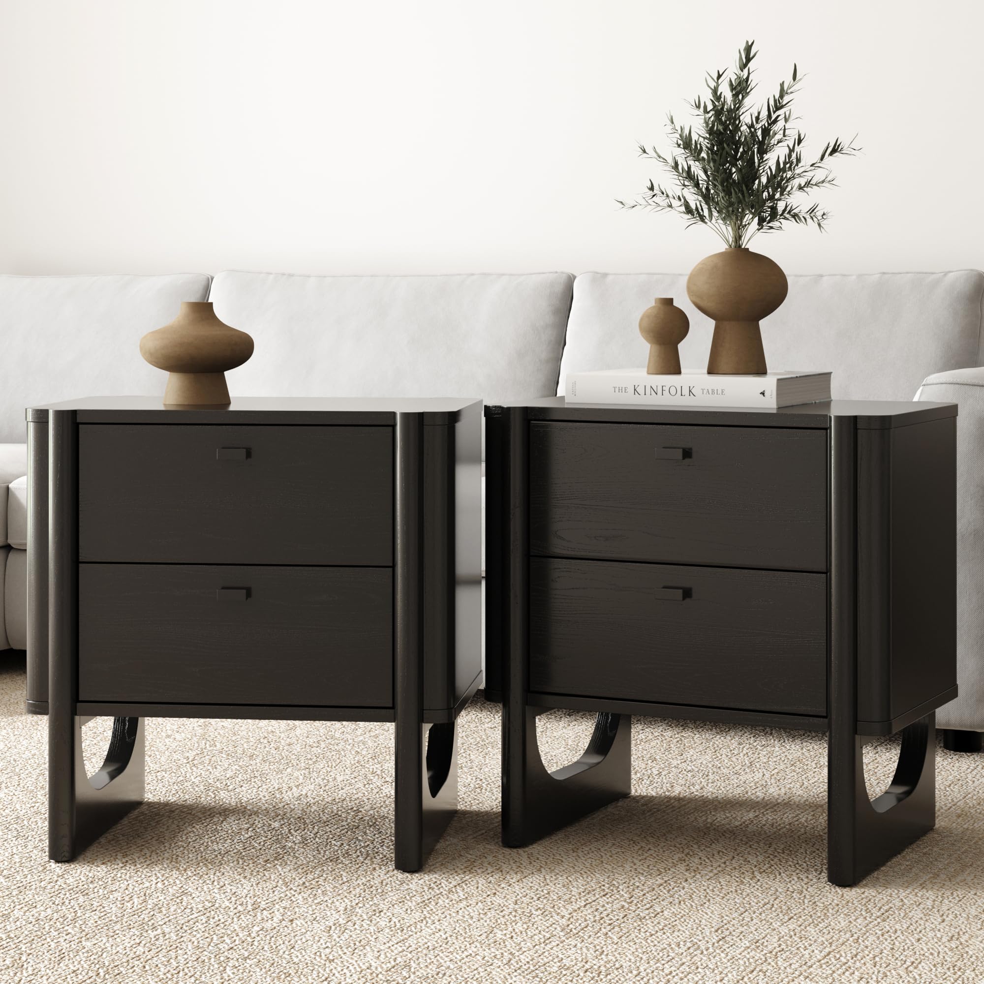 Nathan James Solace Mid Century Modern 2 Drawer Nightstand with Solid Wood Frame and Rounded Details, Black Set of 2