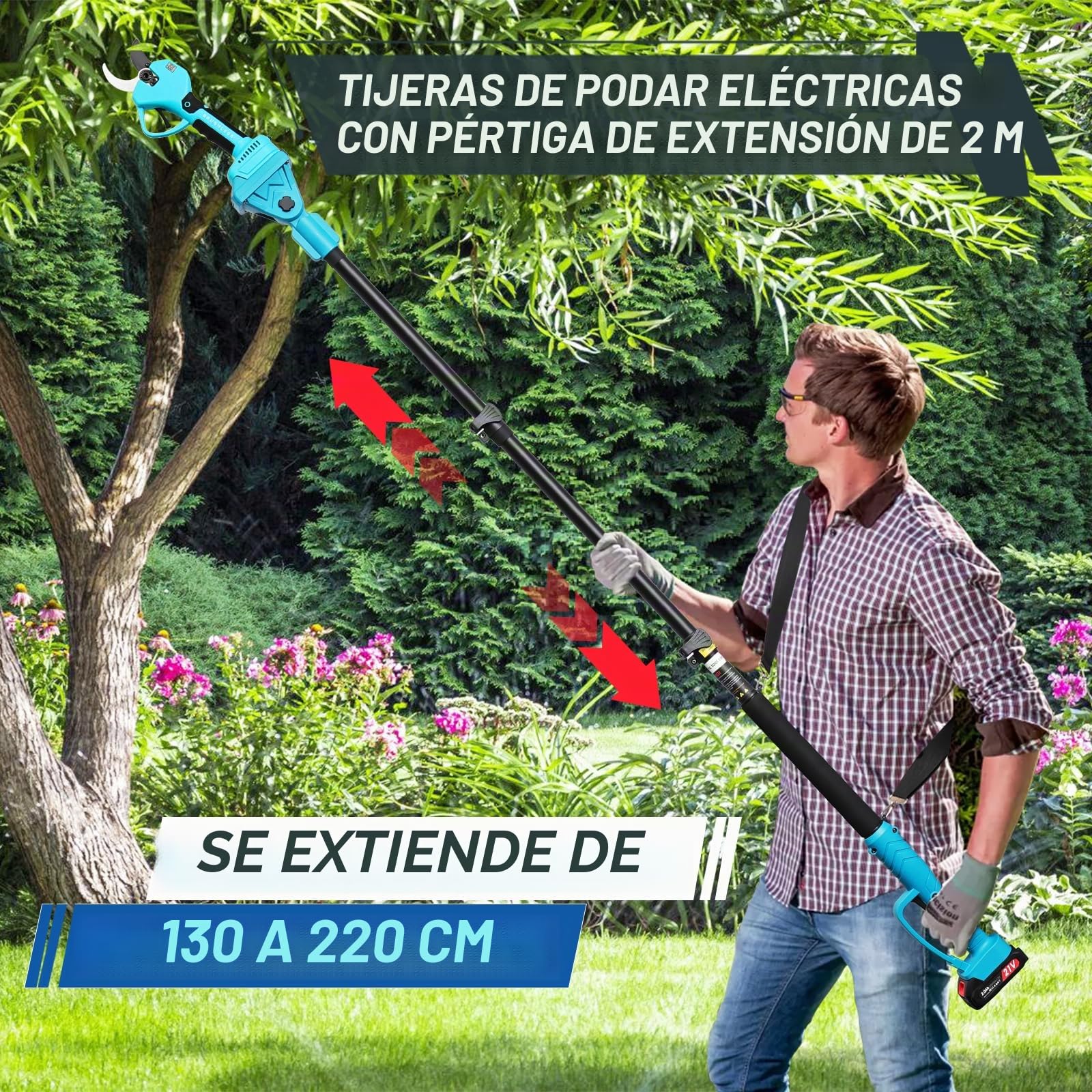 Tijeras de Podar Eléctricas 50mm, tijeras de podar telescópicas con Pértiga 2m- 2 Baterías 21V/2.0Ah, Pantalla Digital, 2 Hojas SK5, Ideal para Viñedos, Jardinería y Granjas (Azul Agua)