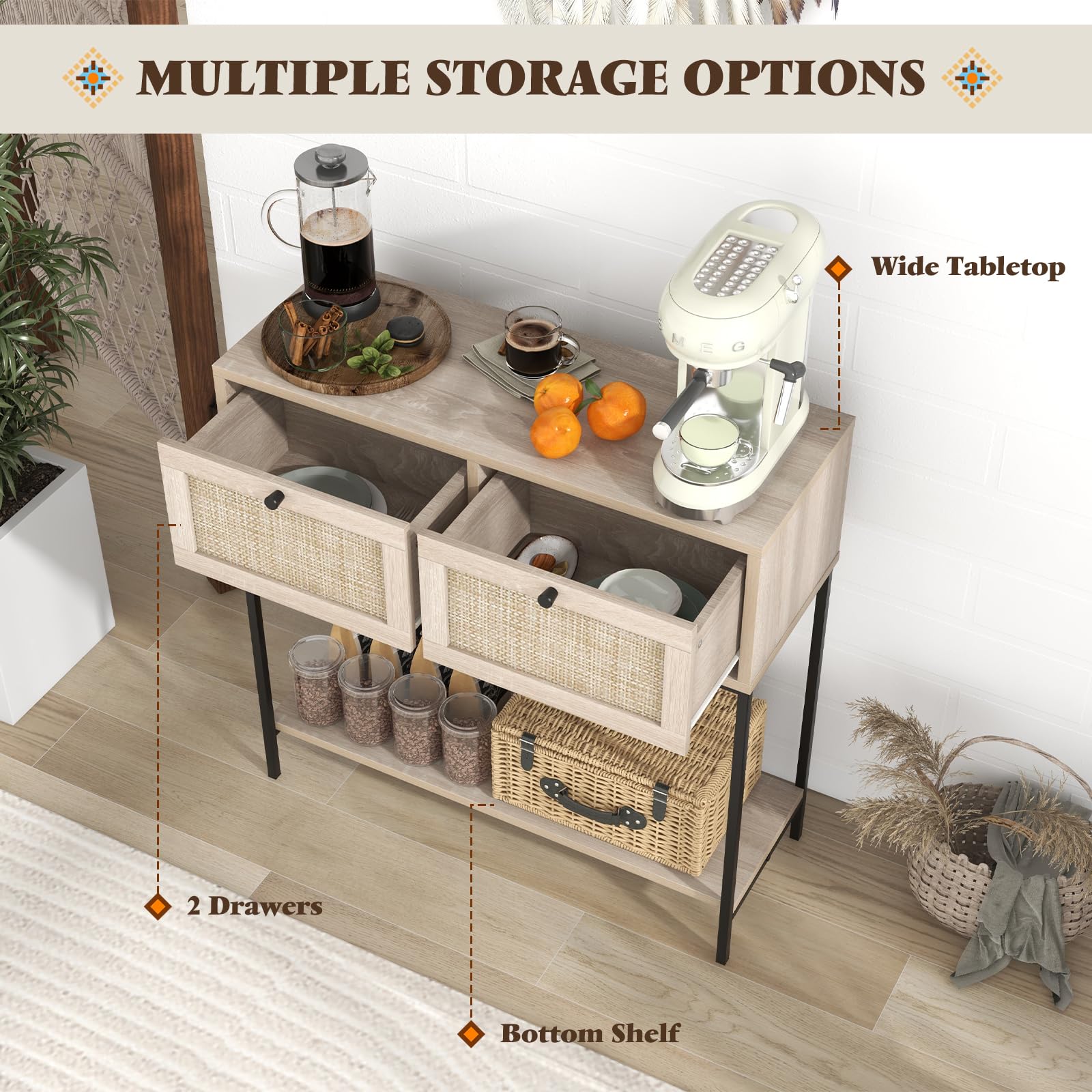 Amazon｜GOFLAME ラタンコンソールテーブル ボーホー 玄関テーブル