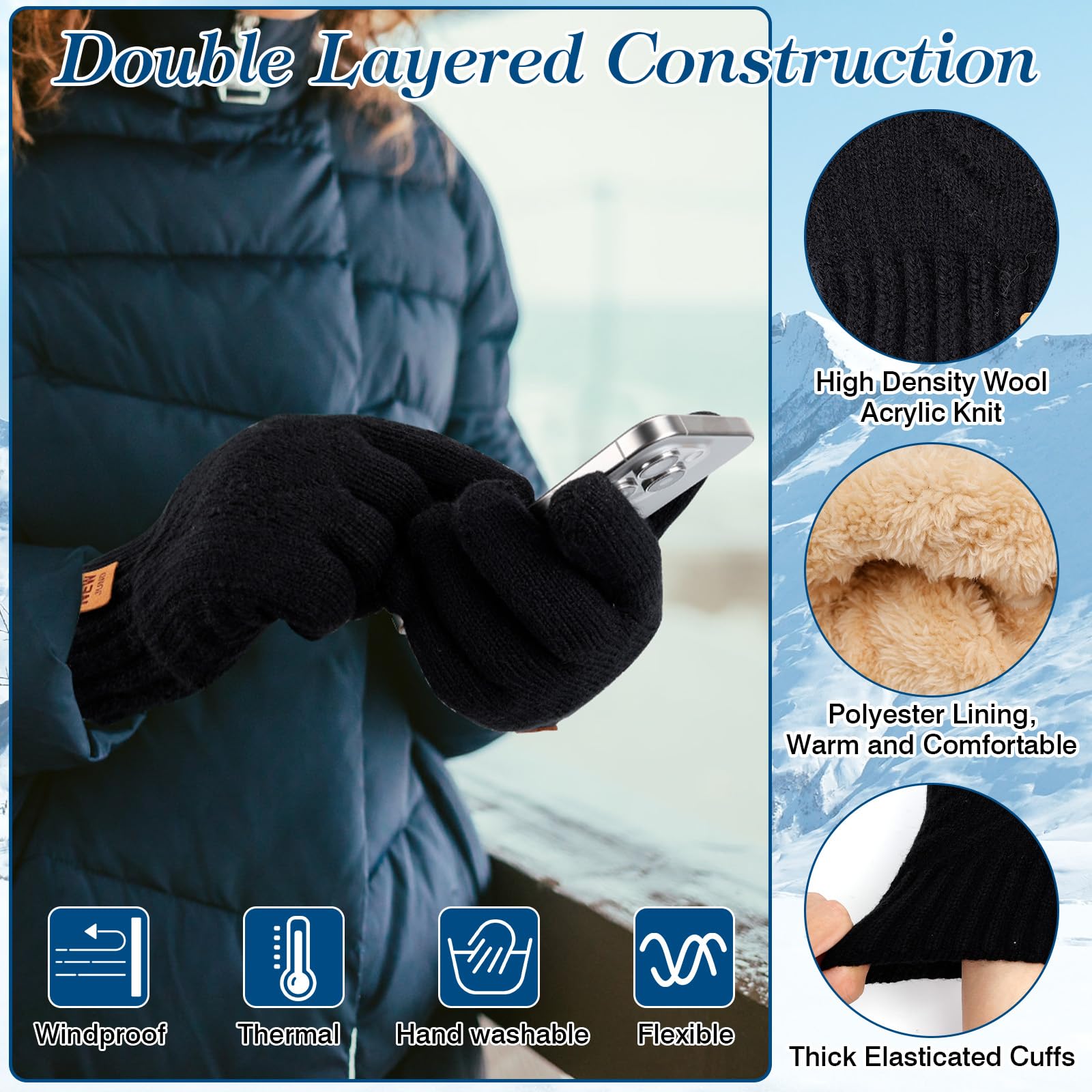 Guantes Térmicos de Invierno para Mujer, Guantes de Punto Doble con Función de Pantalla Táctil, Guantes Cálidos de Forro Polar Gruesos a Prueba de Viento para Ciclismo, Deportes al Aire Libre