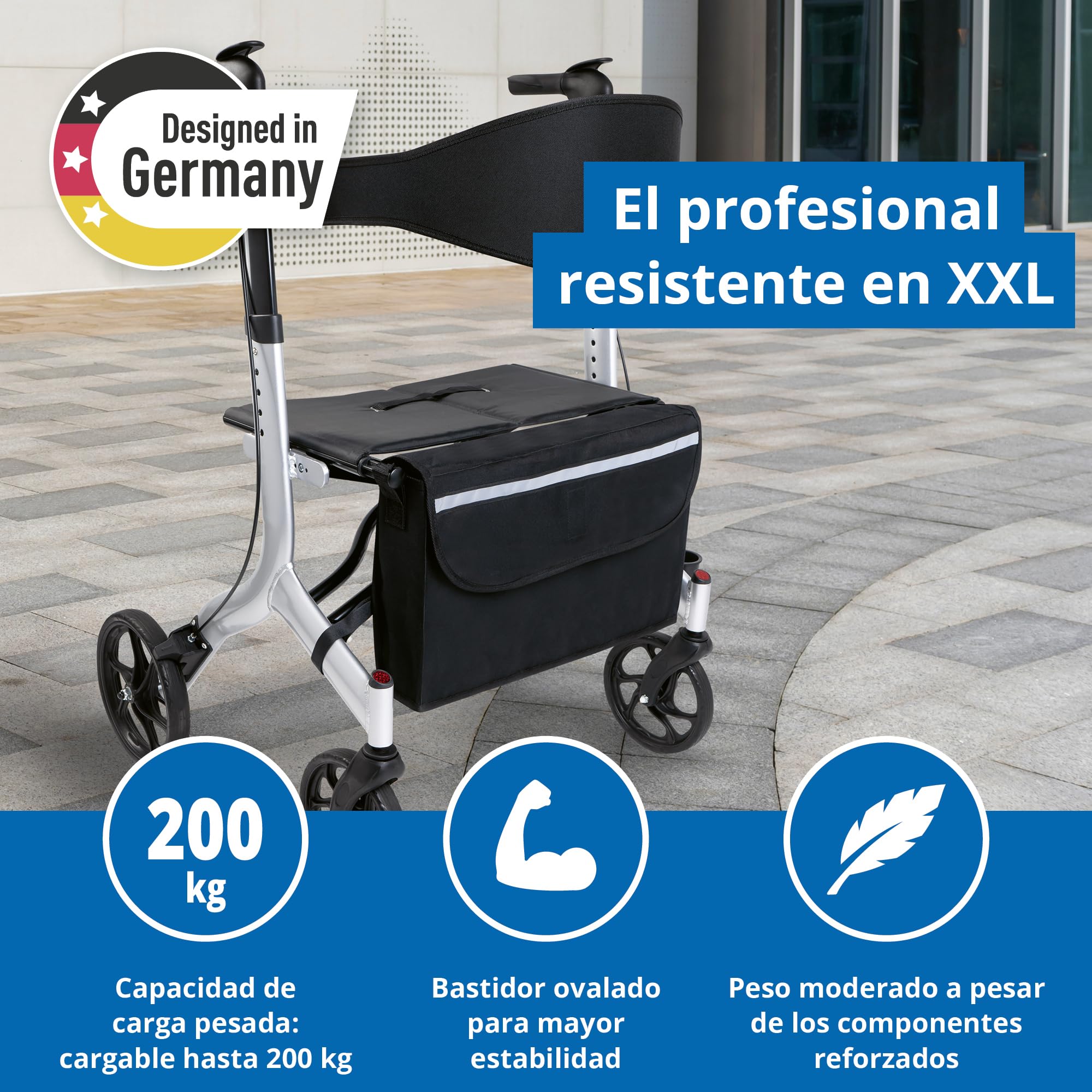Weinberger Andador XXL de aluminio, estable hasta 180 kg, dispositivo médico clase 1, certificado SGS, plegable, altura ajustable, plegable, estable, 02262