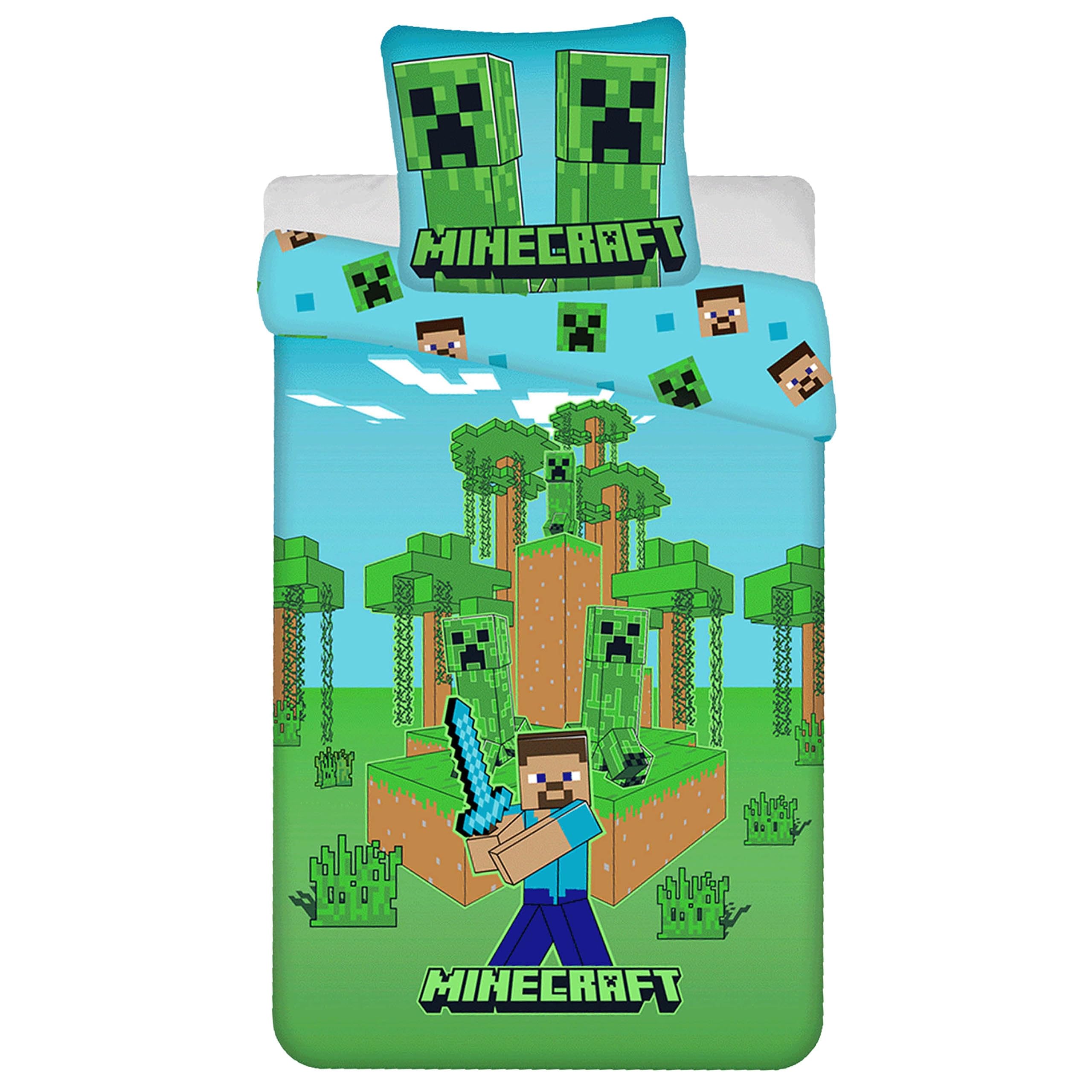 Sarcia.eu L Minecraft Green And Blue, Double-Sided, Cotton Children's Bedding With Zip, Glows In The Dark 140X200cm+70X90cm Oeko-Tex (L)