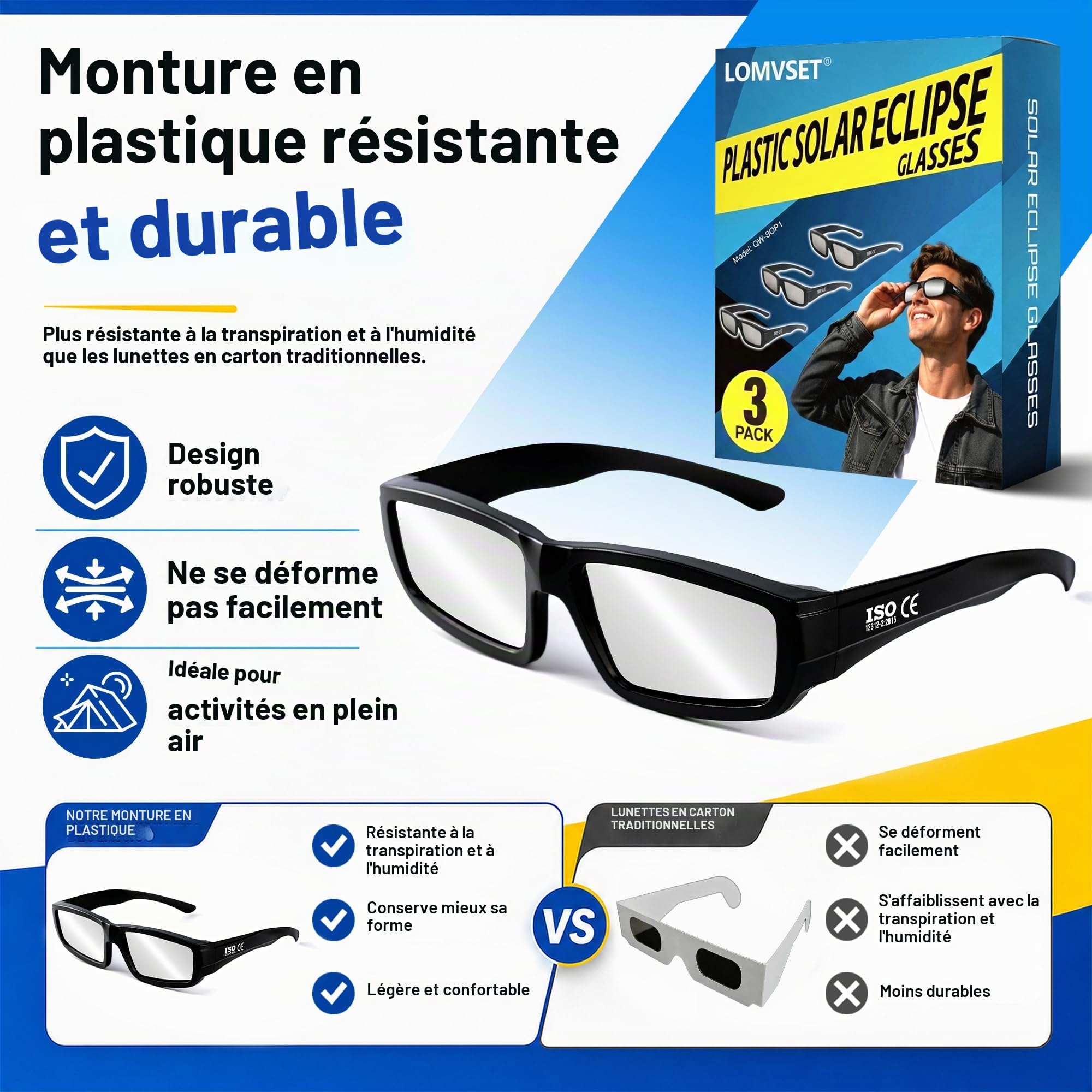 [Lot de 3 lunettes d'éclipse solaires homologuées ISO 12312-2 CE - 2026 - 2026 Lunettes en plastique éclipse solaire sûres certifiées protection premium UV/IR et infrarouge pour adultes et