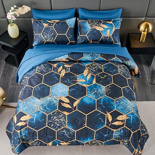 Miniatura 8 de ZRNBAST Juego de edredón King de 7 piezas con sábanas azul oscuro geométrico de panal de abeja, juego de edredón ligero con ribete dorado estampado