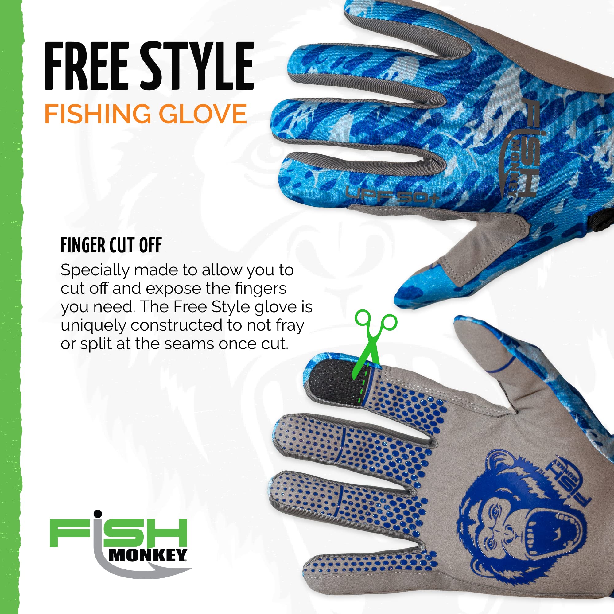 Fish Monkey UPF 50+ No Fray When Cut Fingers. Superior Non Slip Grip, Special Wiring Pads on The Thumb/Index Fingers and Side of The Gloves for Men and Women