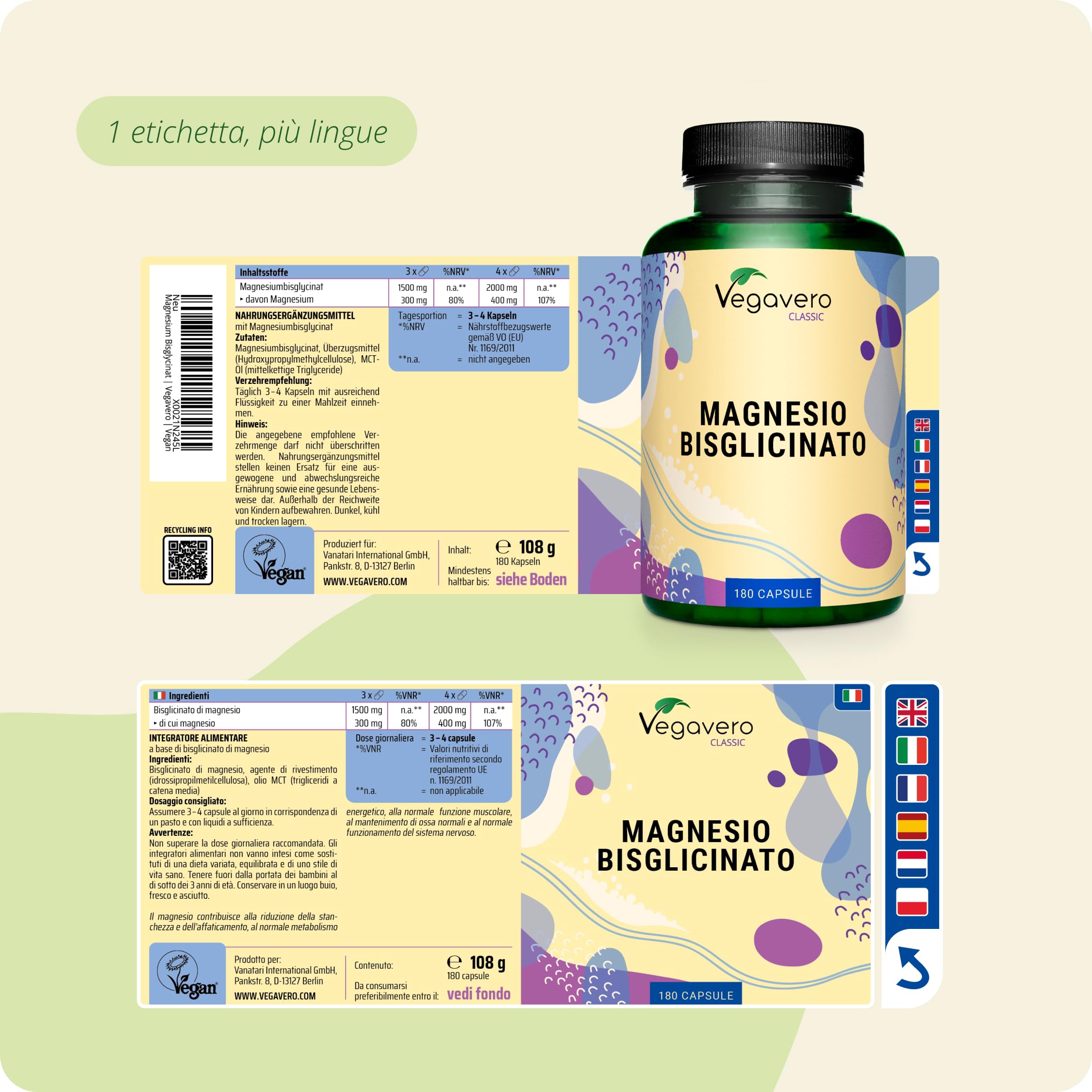 Magnesio Bisglicinato | 400 mg di Magnesium Puro Elementare | Forma Chelata Biodisponibile | Contro Stanchezza e Affaticamento | Certificato in Laboratorio | Vegavero