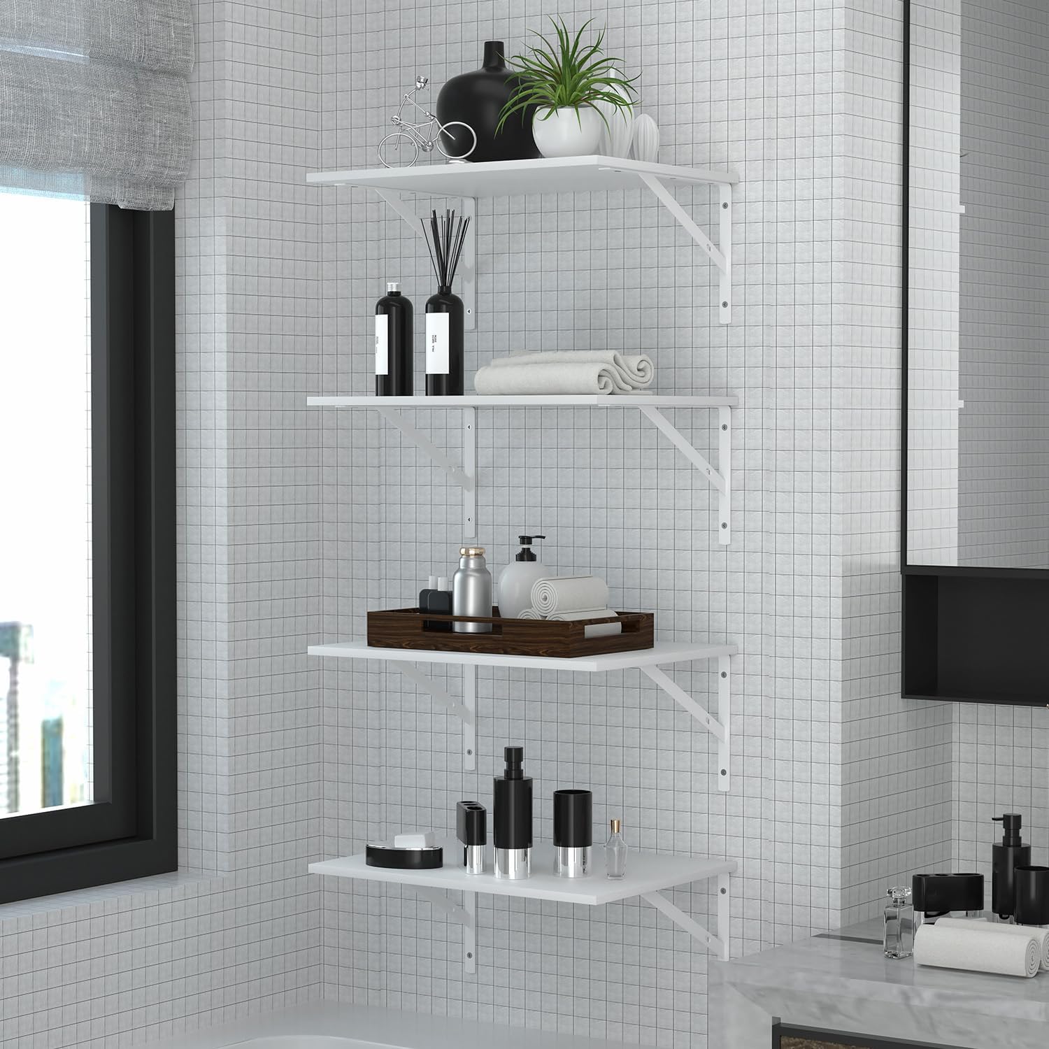 Deep Floating Wall Shelves - 4 Sets of 12 Inch Wide White Wood Shelves for Bathroom, Bedroom, Kitchen, Living Room