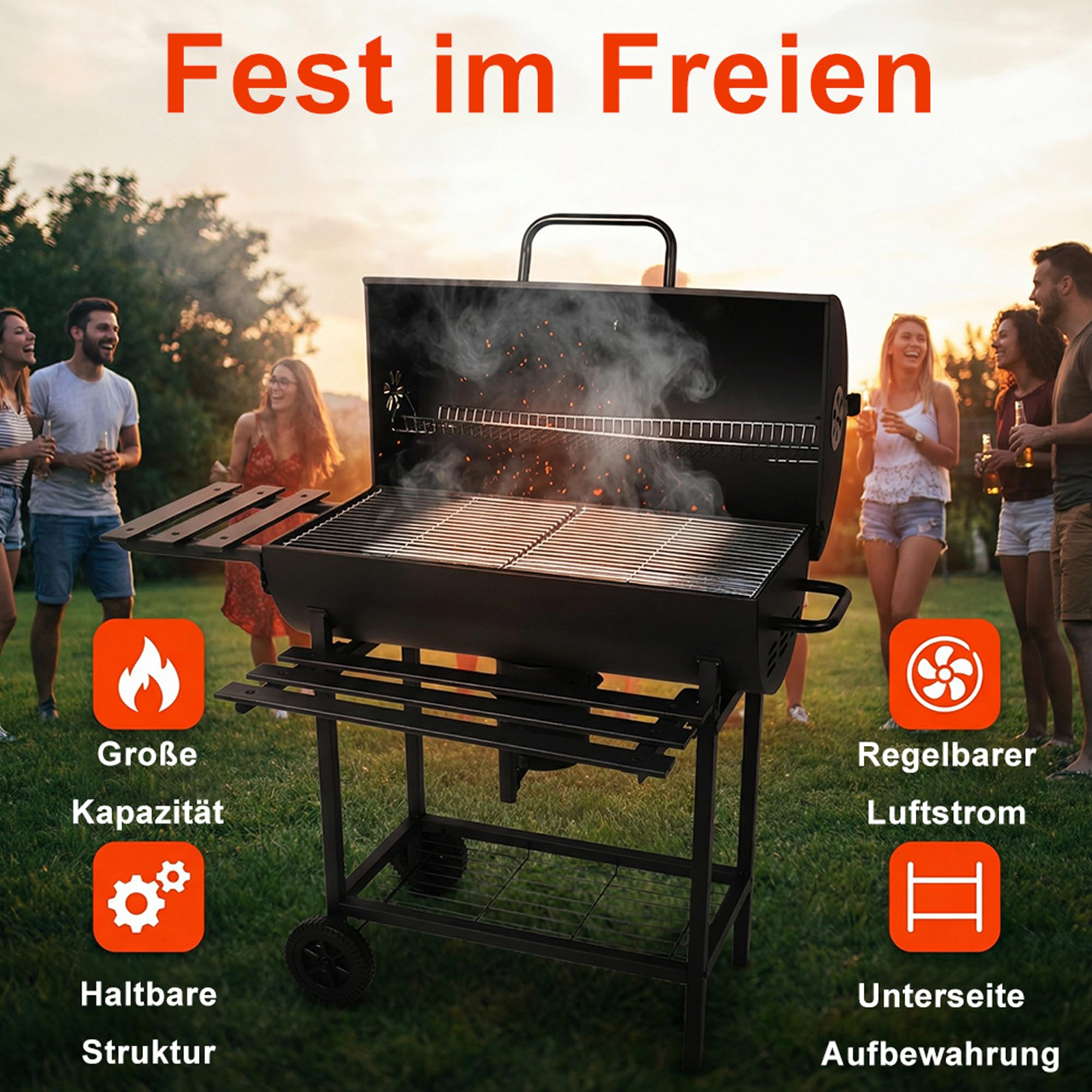 Huacan Holzkohlegrill Groß mit Deckel und Gusseisen Grillrost, Edelstahl Kohlegrill Wagen mit 2 Holzplattenhalter, Rädern und Heißschutzgriff. Grillofen für Garten, Terrasse, Camping 112 * 63 * 97CM