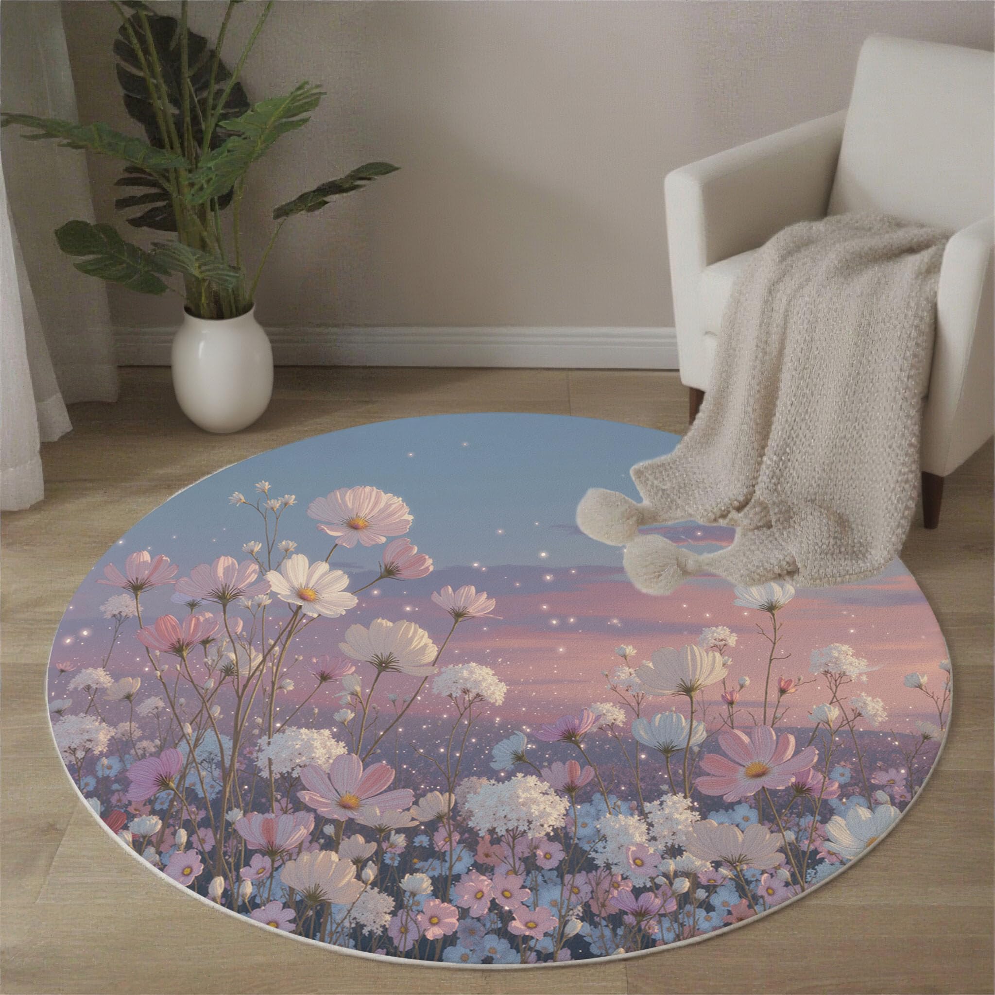 Tapis Rond De Chambre D'Enfant 160 Cm - Fleurs Romantiques Au Clair De Lune Bleu Poudré - Motif Plantes Oniriques - Moelleux Et Antidérapant - Tapis De Salon À Poils Courts - Lavable - Moderne Doux