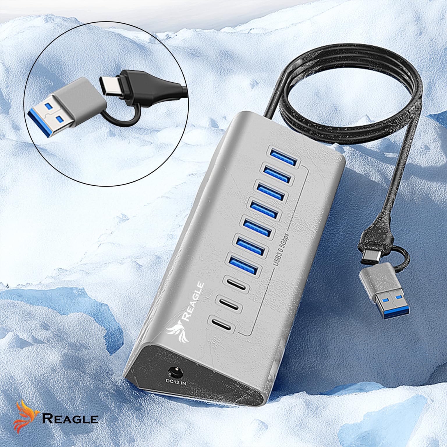REAGLE Concentrador de 10 puertos, USB 3.2 con cable de 100 cm para escritorio, 10 en 1, 7 puertos USB-A y 3 x USB-C, 36 W, Plug and Play, aluminio USB distribuidor 5 Gbps, para PC, portátil, MacBook