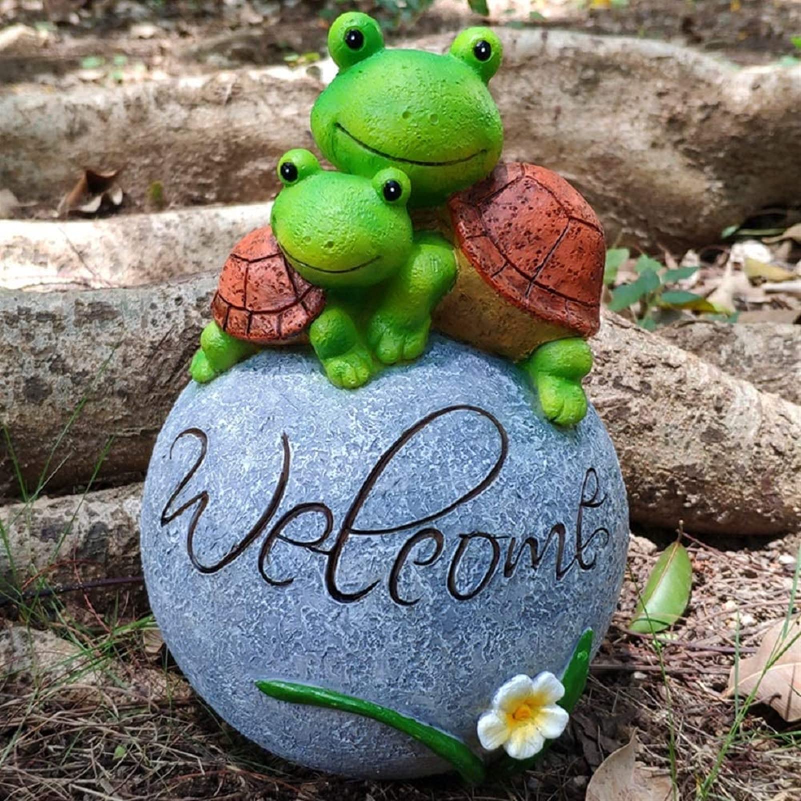 Sculture da giardino Statua da giardino da 5,5 pollici Tartarughe Ornamento Tartarughe di benvenuto su una roccia per esterni o interni Patio Yard Art Decor Ornamenti da giardino Regalo little