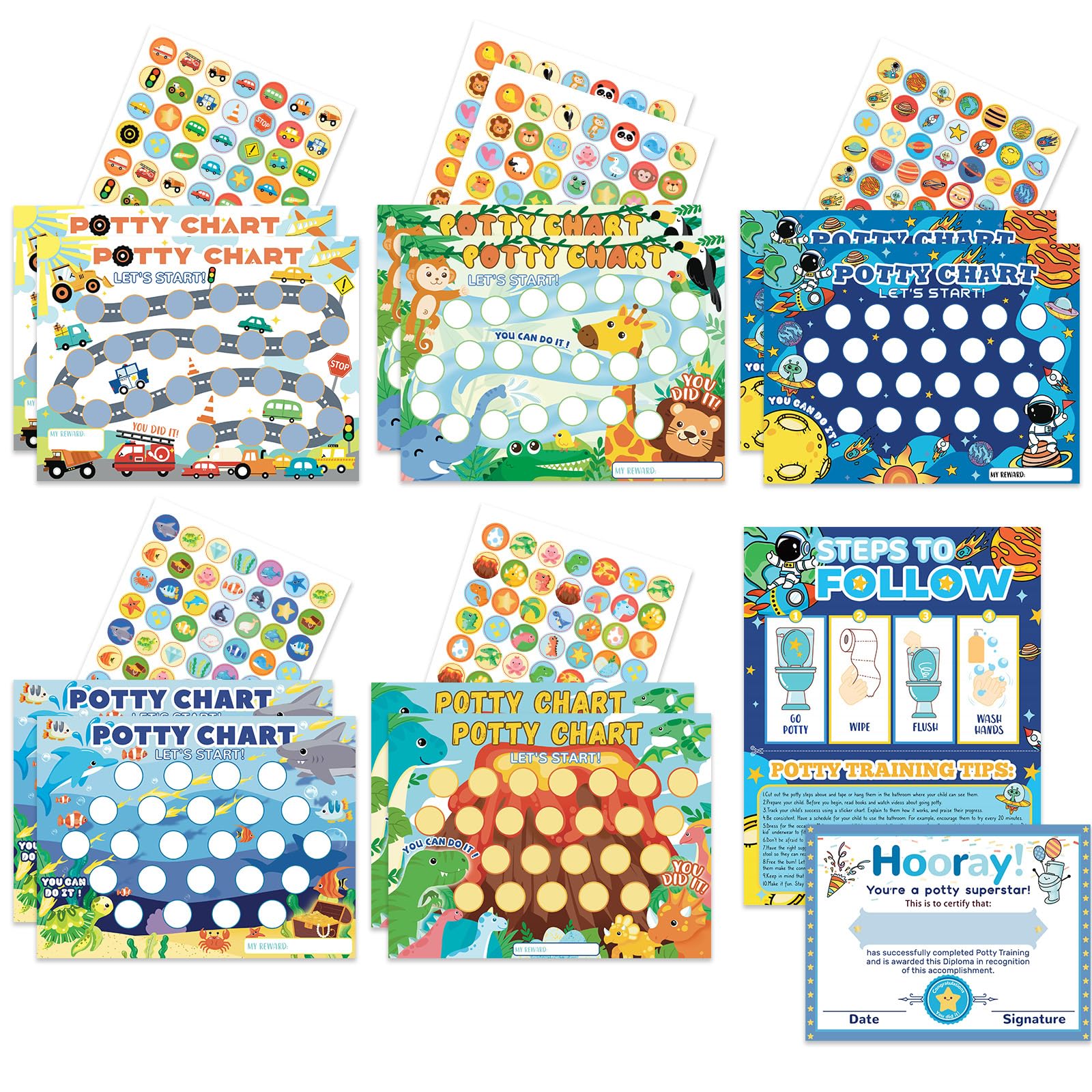 Tableau d'apprentissage de la propreté pour tout-petits garçons avec autocollants de récompense amusants – 18 tableaux d'autocollants d'apprentissage de la propreté – 5 styles amusants pour enfants