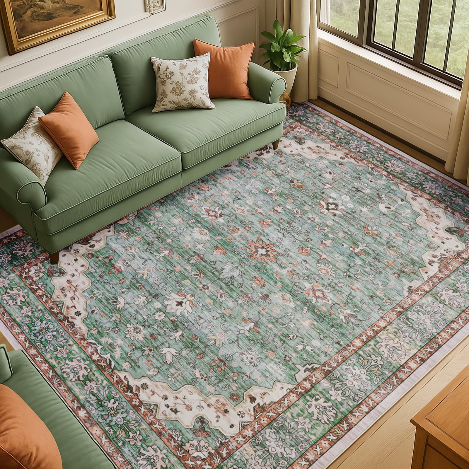 Topfinel Large Rugs for Living Room 200x290cm, Low Pile Washable Rug with Non-Slip Backing, Vintage Green Area Rug for Bedroom, Dining Room