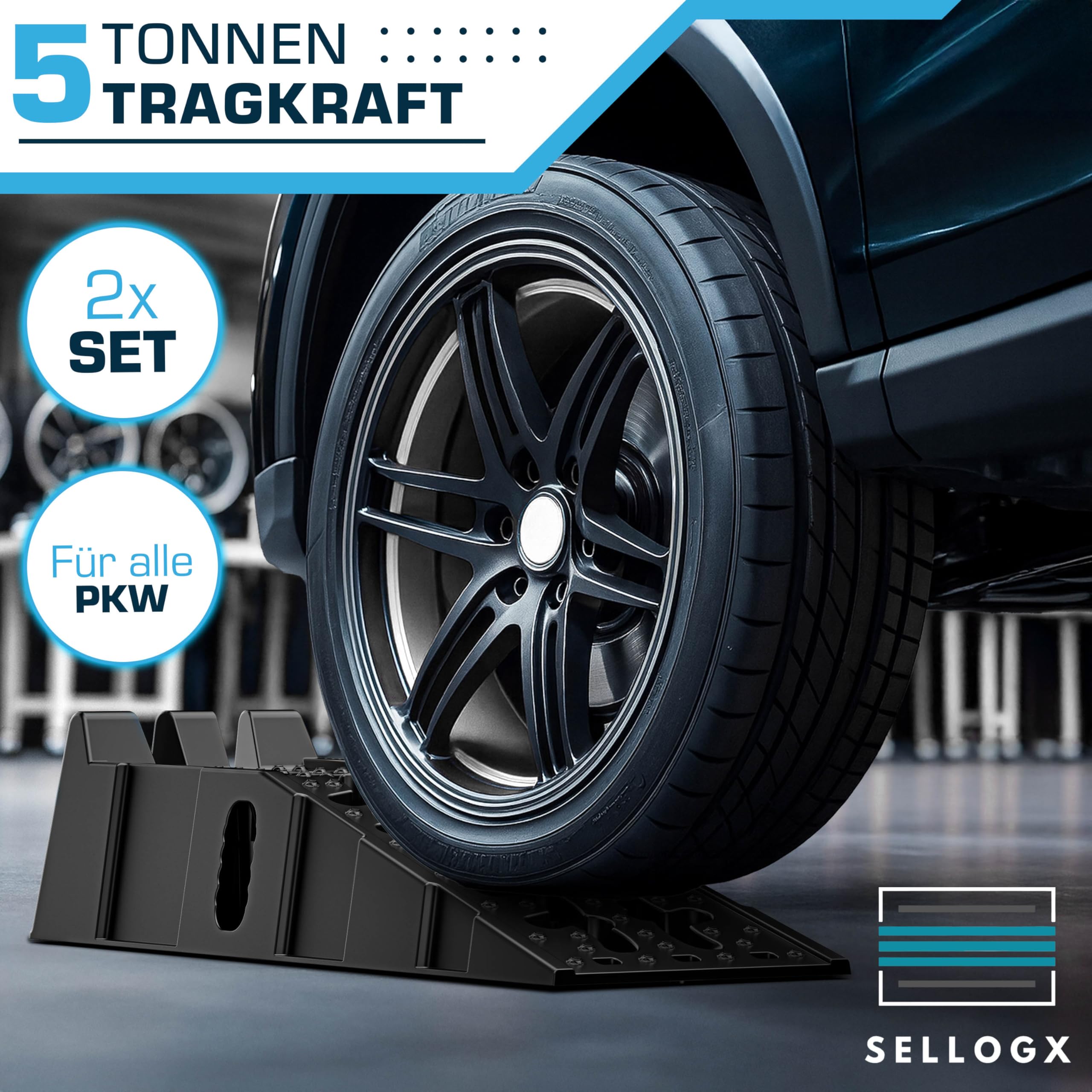 Auffahrrampe PKW 2er Set | Hochbelastbare Auto Rampe bis 5 T | Auffahrhilfe & Einfahrt Rampe rutschfest für Wohnmobil, Anhänger, Garage, Werkstatt, Ölwechsel und Reparatur