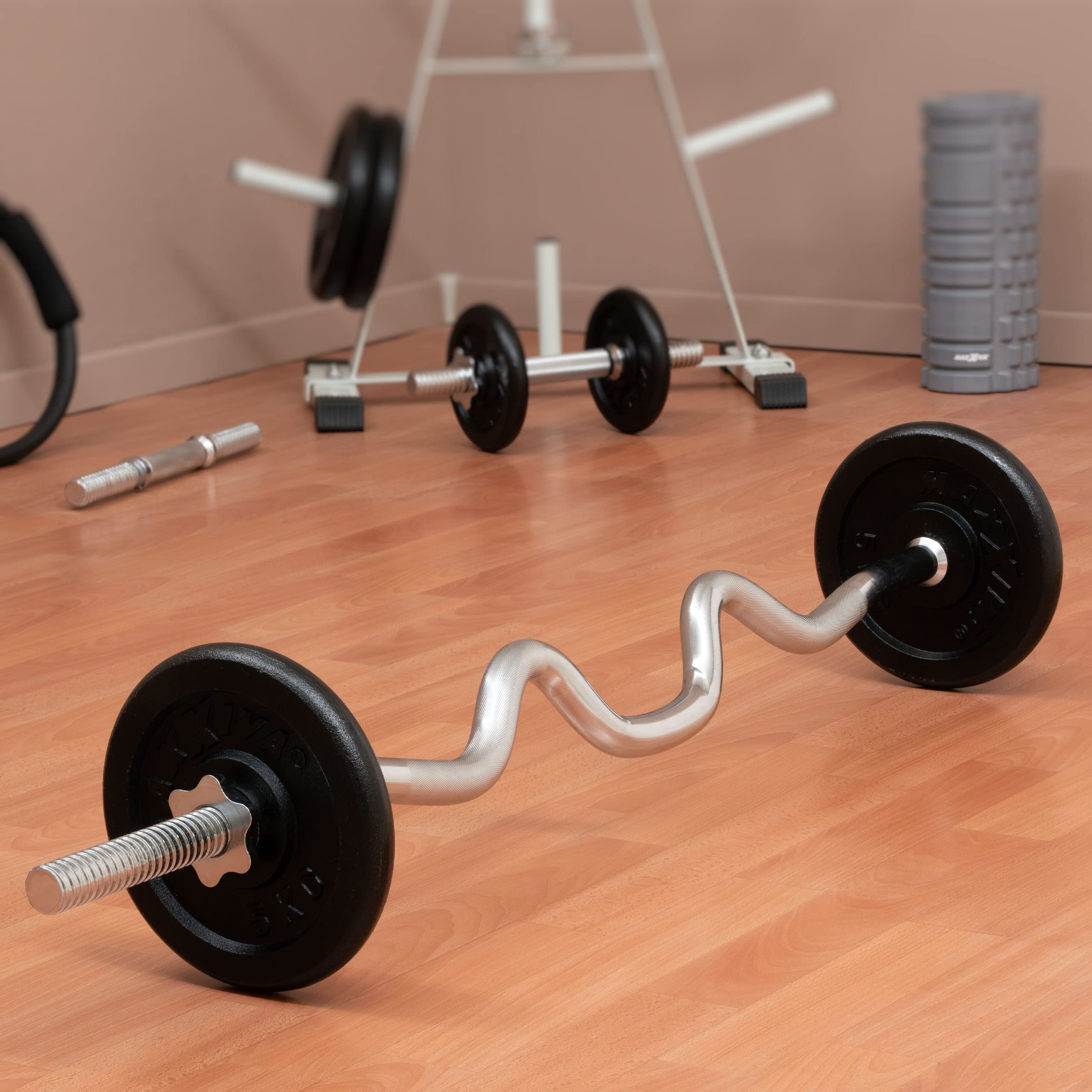 Super SZ Curlstange 120 cm Krafttraining Zugstange Stahl silber verchromt Sternverschluss Workout Bodybuilding Fitness Gewichtheben