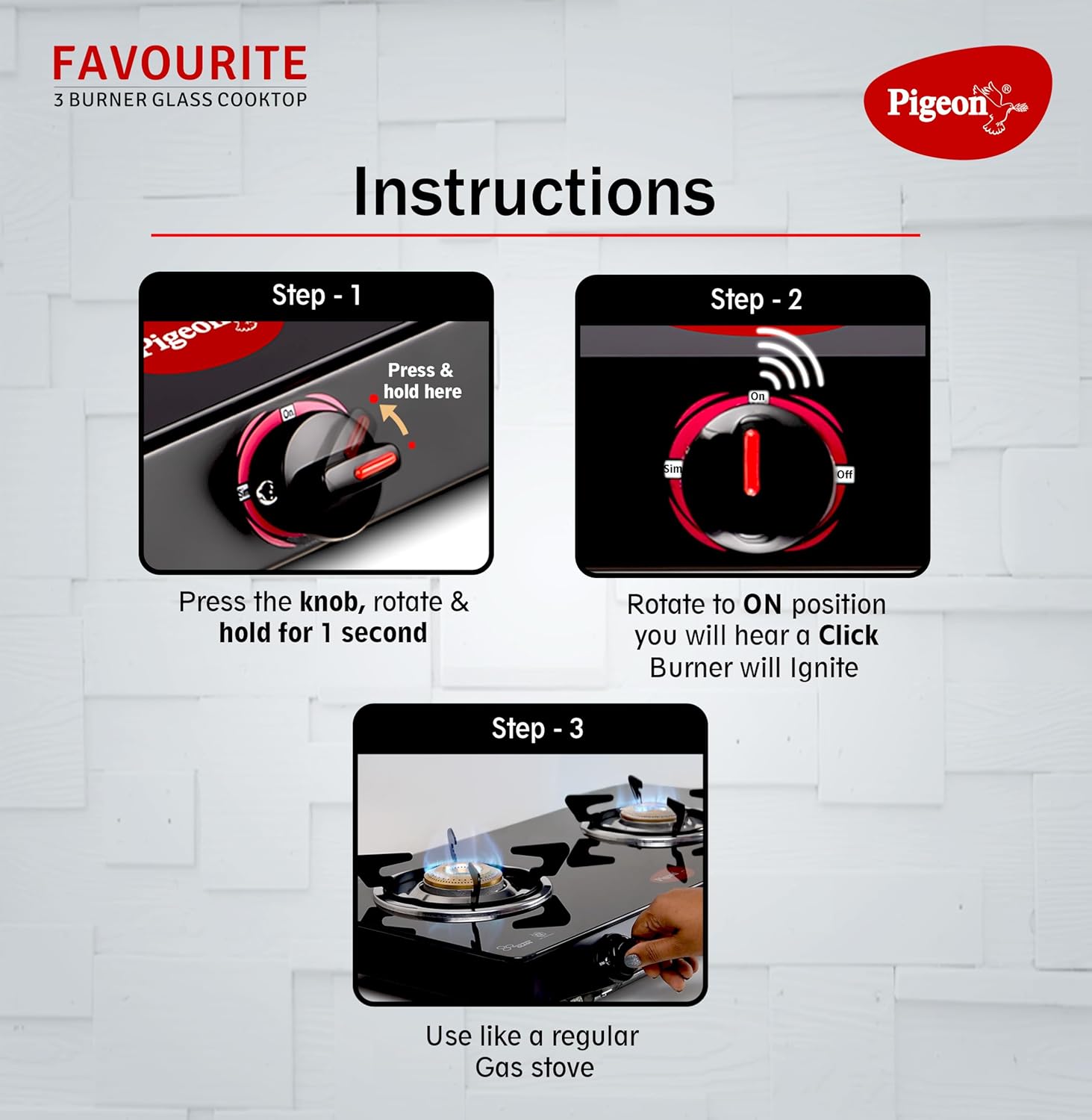 Pigeon Favourite 3 Burner Gas Stove | Piezo Auto Ignition, Brass Burners, 6mm Toughened Glass Top