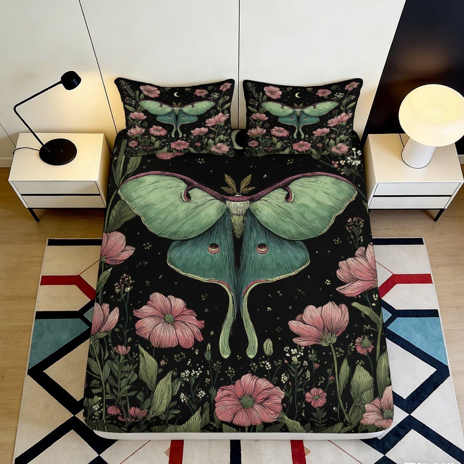3D Printed Luna Moth Fitted Sheet Microfiber Soft Green Botanical Mattress Cover Floral Decor Bedroom Dorm 90x200x25cm