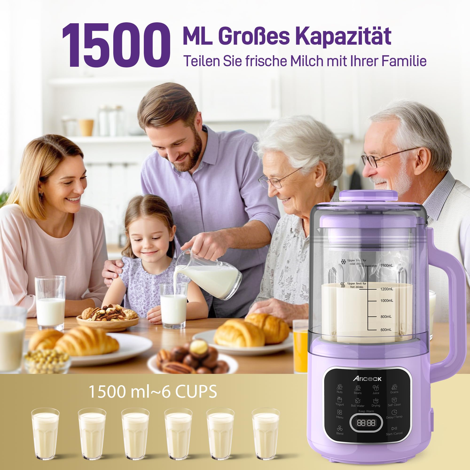 N4 Macchina per Latte di Soia, con Funzione Autopulente – Ideale per latte di mandorla, latte di soia e frullati – 1500ML – Motore ad alta potenza da 800 W – Ricettario incluso – Senza BPA