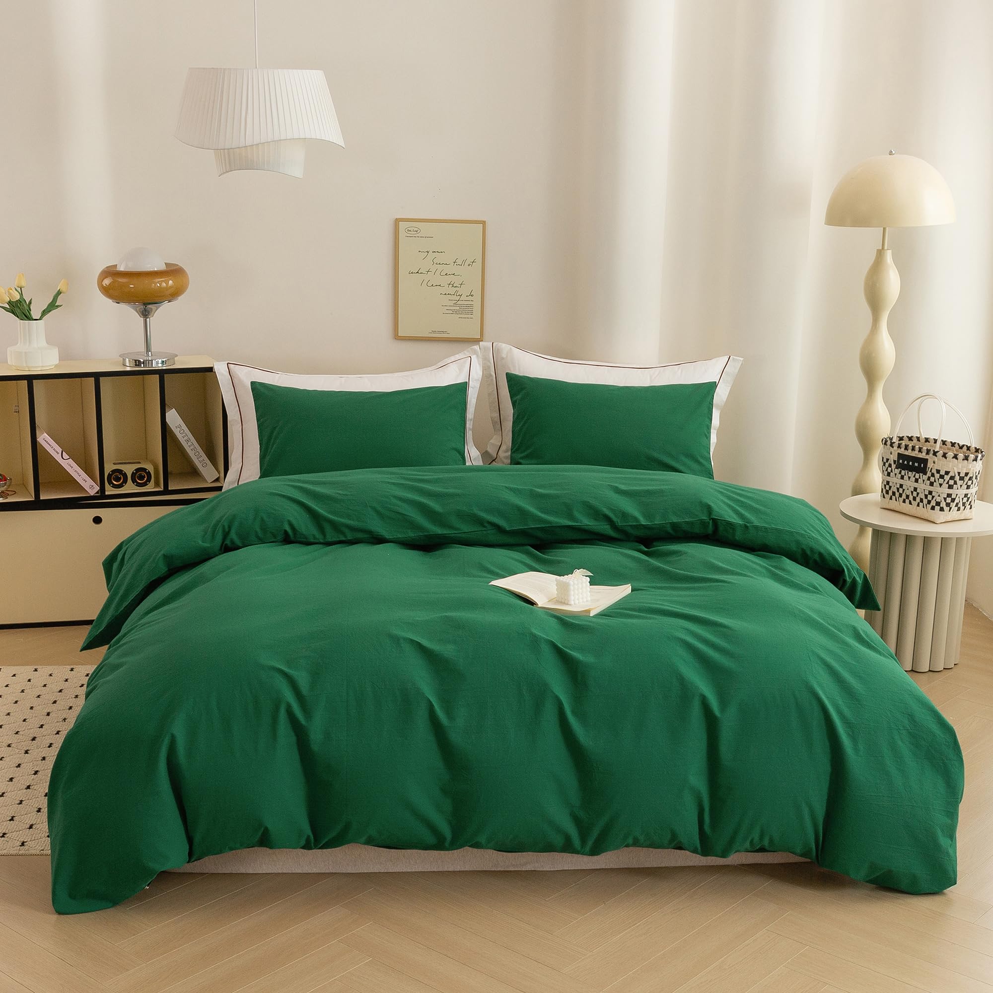 ECOCOTT Cotton 3 Pcs Duvet Cover Set Linen Feel Emerald Green King Size