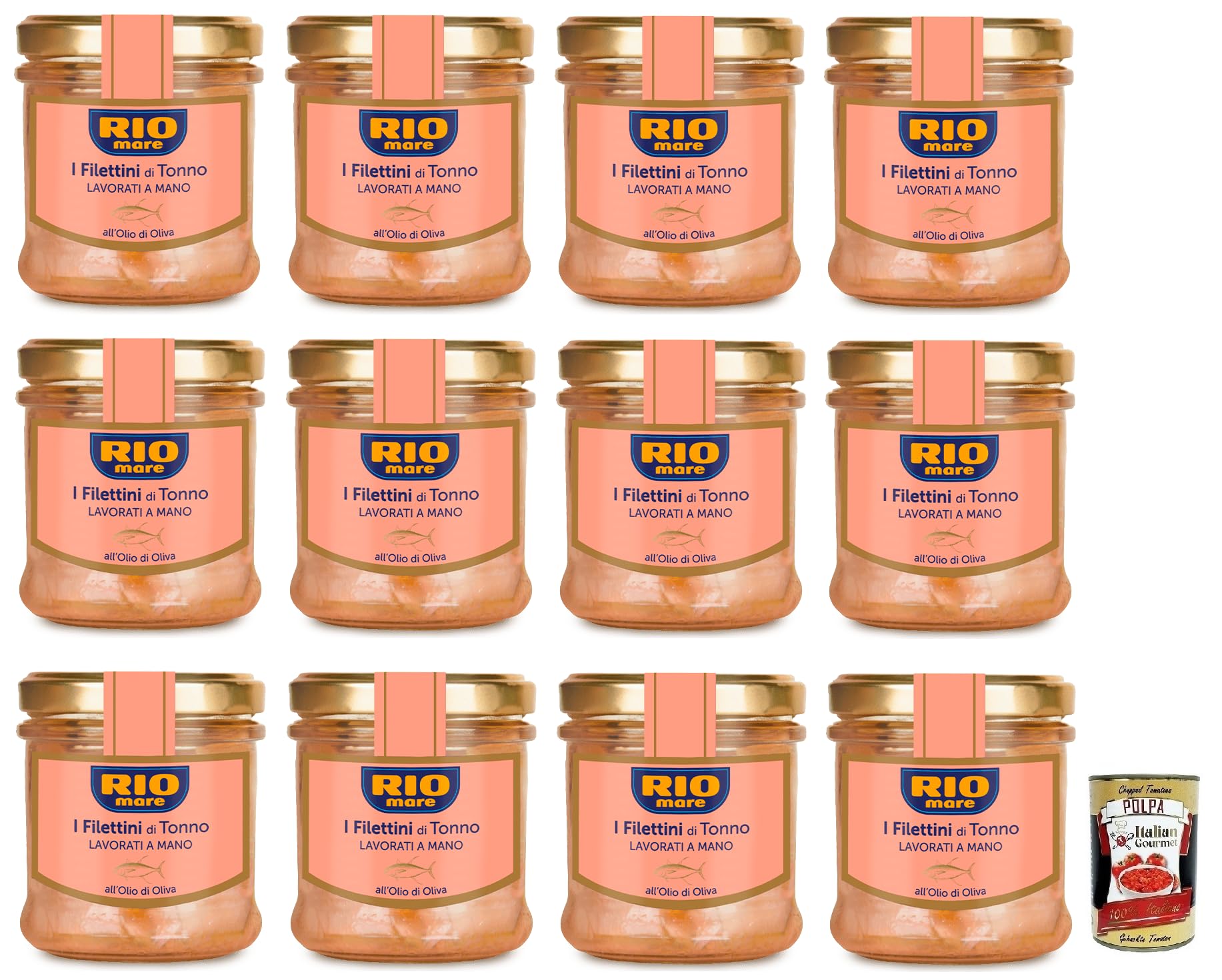Italian Gourmet Filettini di Tonno all'Olio di Oliva, 12 x 130g Glas | Zarte Thunfischstücke in Öl eingelegt, pronto per insalate, panini, Gesamtnettogewicht 1,56 kg + Kostenlos Polpa 400g