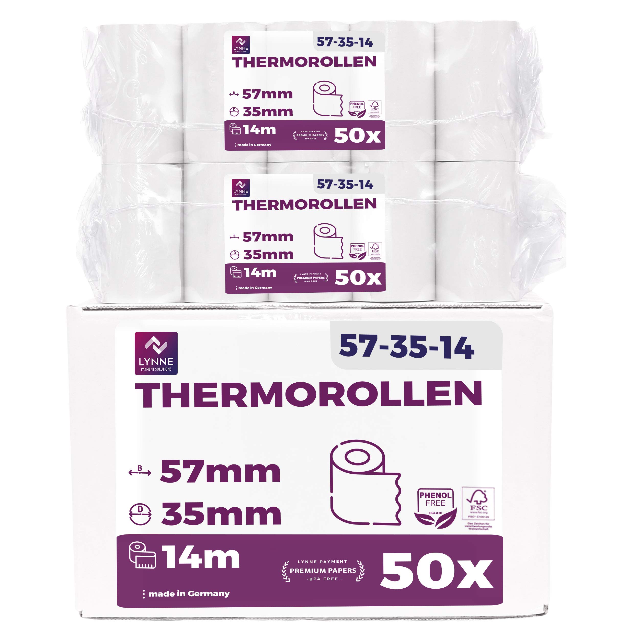 TPE Roll 57 mm x 14 m x 12 mm - Rolls for Bank Card Terminal - Thermal Paper Reel 57 x 35 x 12 - BPA Free (50 Spools)