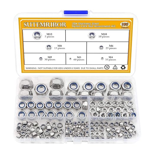 304 Stainless Steel Lock Nut Assortment 180 Pieces, M3 M4 M5 M6 M8 M10 M12 Nylon Insert Locknut