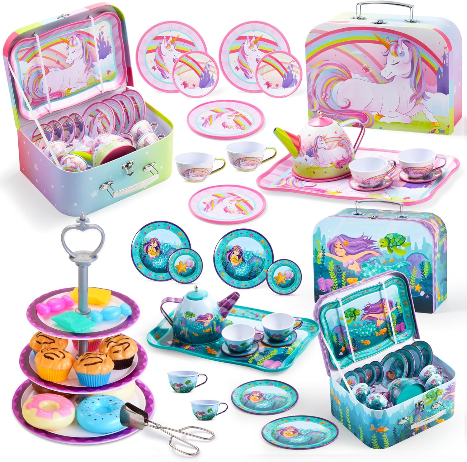 JOYIN 15Pcs Unicorn Castle Tea Set for Toddlers, 35Pcs Mermaid Tea Party Set for Little Girls, Princess Tea Party Set Kitchen Toy with Teapot, Cups, Plates and Carrying Case for Birthday Gifts Kids