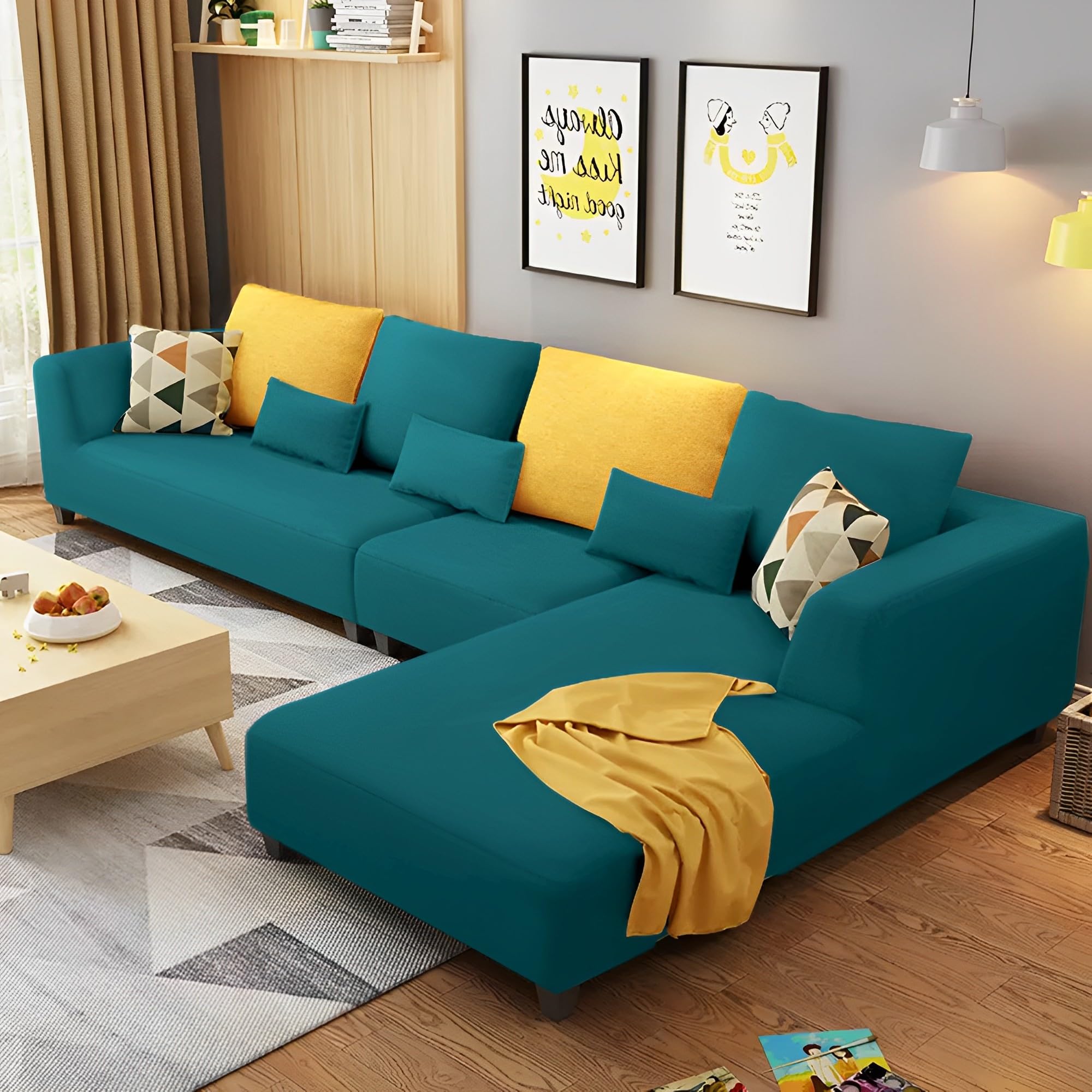 Casaliving Minta RHS 6 Seater L Shape Sofa Set for Living- Room (Pine) Premium Velvet Fabric Sofa Set for Living- Room