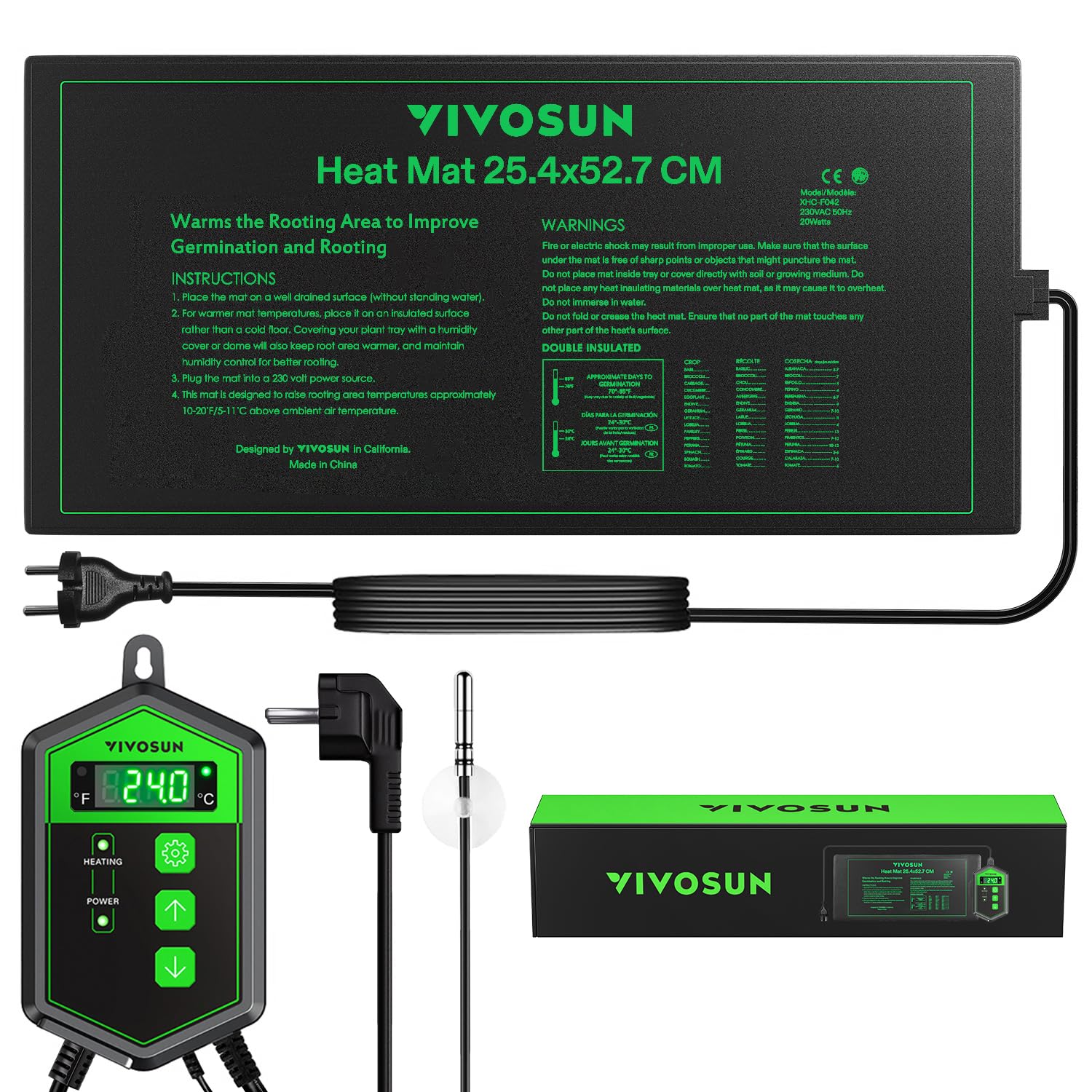 VIVOSUN Heizmatte mit Digitalem Thermostat 25,4x52,7 cm, UL & MET Zertifiziert, Wärmematte für Keimung, Zimmerpflanzen, Hydrokultur und Gewächshaus