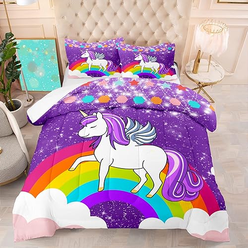 Miniatura 4 de Juego de ropa de cama de unicornio para niñas, tamaño matrimonial, edredón de unicornio de dibujos animados, juego de ropa de cama para niños, lindo