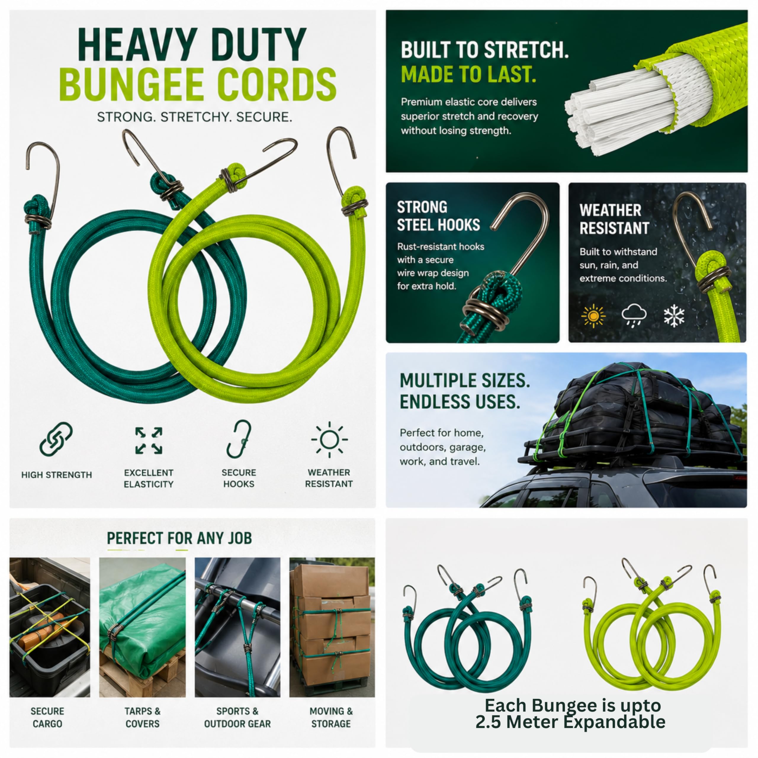 High Strength Elastic Neon Color Bungee Cords, Luggage Tying Rope with Hooks, Set of 2, 5 feet, Green and Neon Green Color (2.5 Meter Expandable) — Amazon image 2