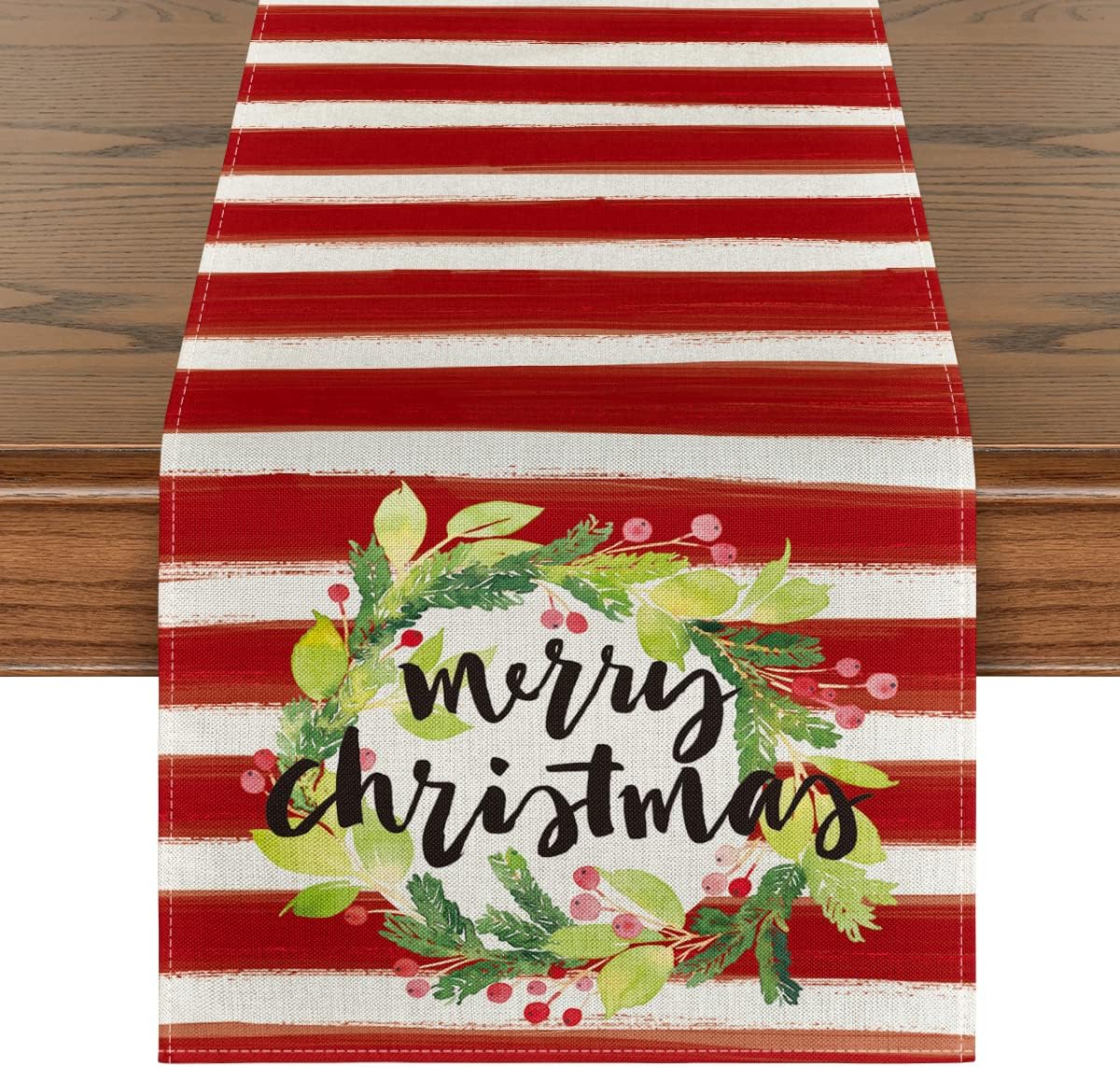 Artoid Mode Red Stripes Flower Wreath Merry Christmas Table Runner, Seasonal Winter Xmas Holiday Kitchen Dining Table Decoration for Indoor Outdoor Home Party Decor 13 x 72 Inch