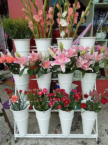 Miniatura 4 de Soporte de exhibición de flores, estante de 3 capas resistente para plantas móviles con ruedas y cubo, estante de floristería de hierro forjado,