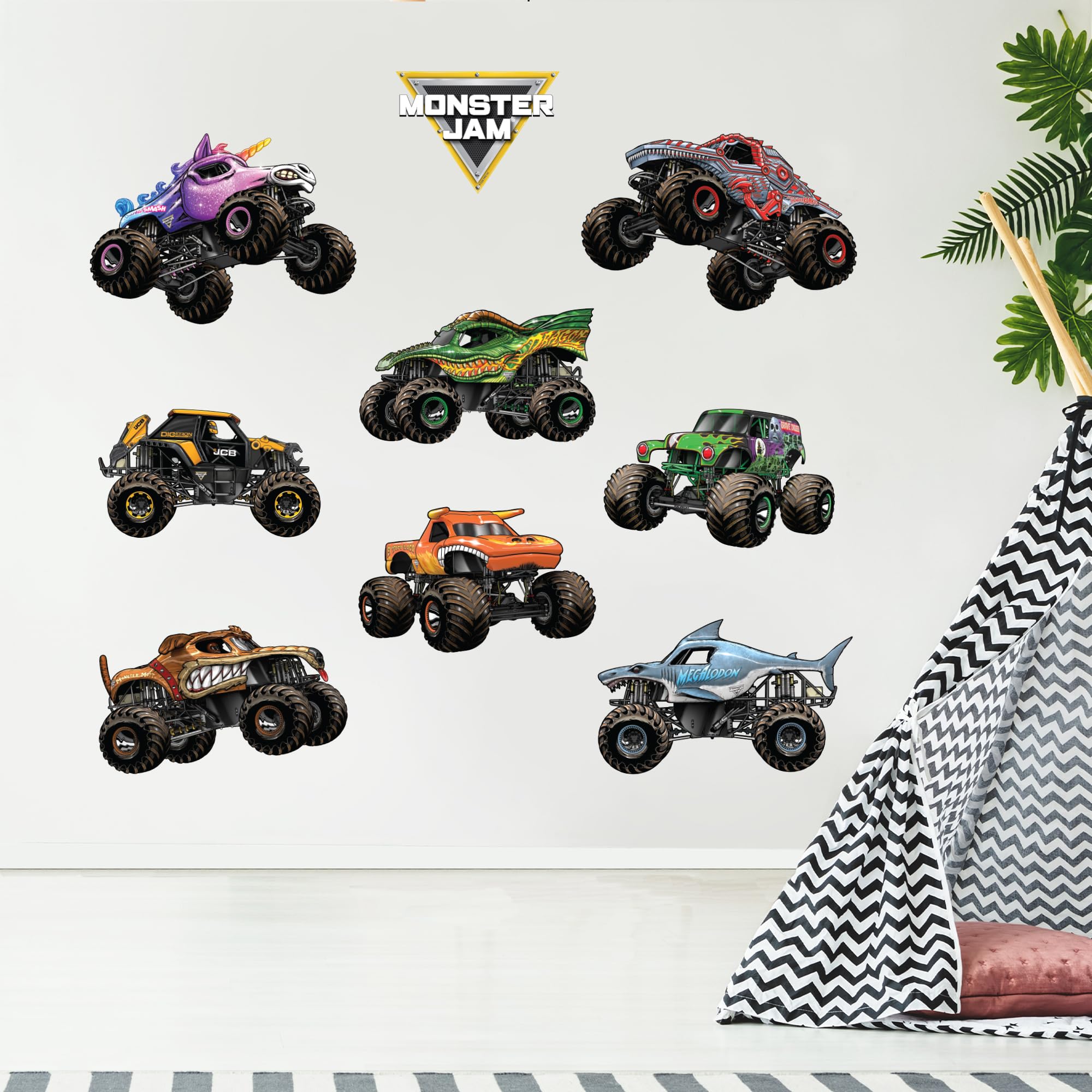 Monster Jam Wall Sticker - 8 Monster Truck Set Decal Wall Art (120cm Width x 60cm Height)