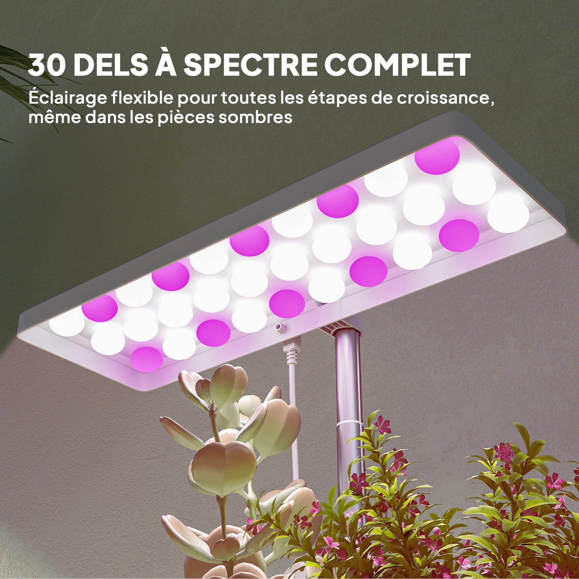 Outsunny Lampe de croissance 10W lampe plante de culture LED à spectre complet avec 3 bacs à fleurs, minuterie marche/arrêt automatique 8/12/16/24 H, 5 niveaux de luminosité, hauteur réglable, blanc
