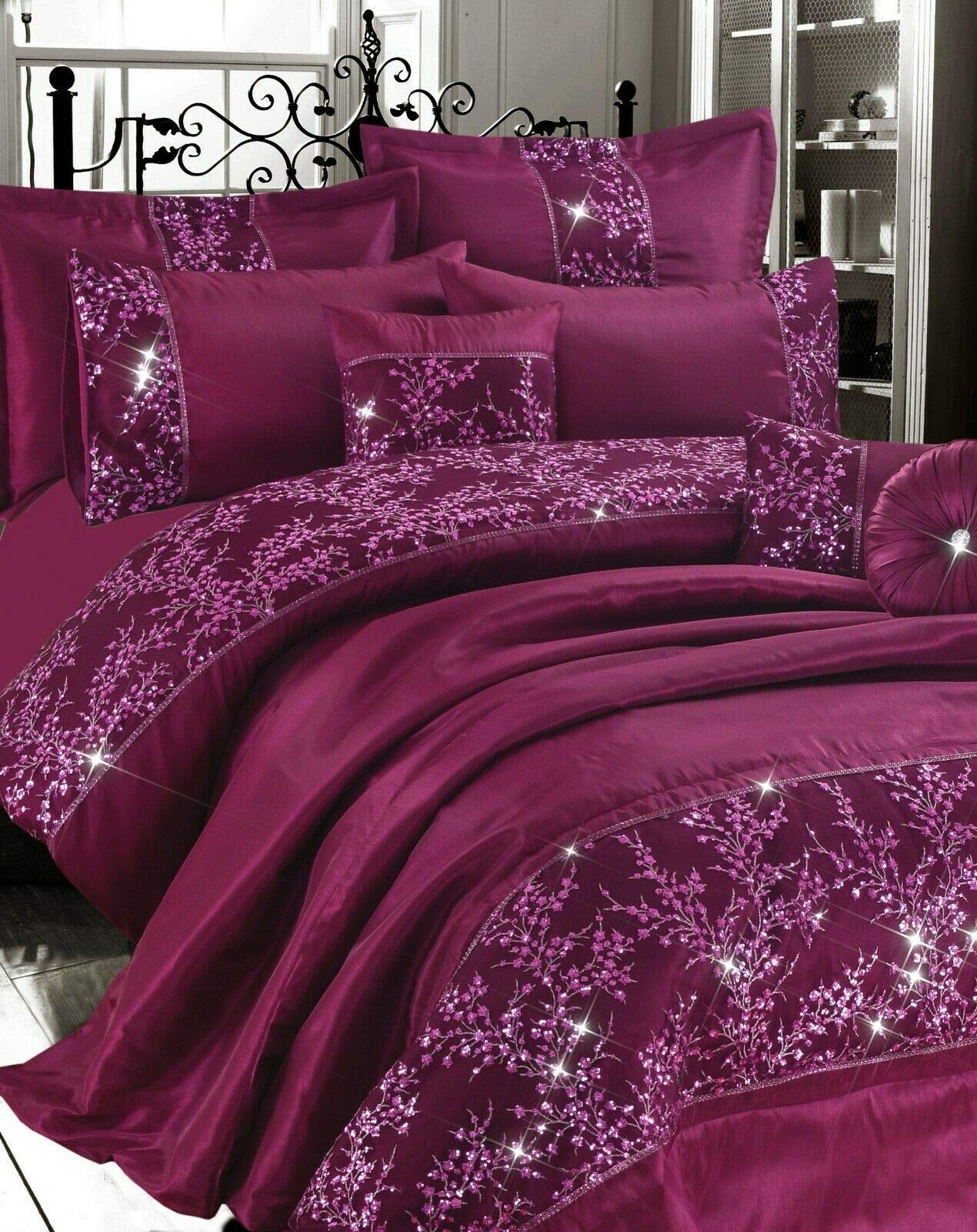 Ehd Plum Gigi Embroidered Diamante Style Luxurious Matching Round Filled Cushion (, Round Filled Cushion 30Cm)