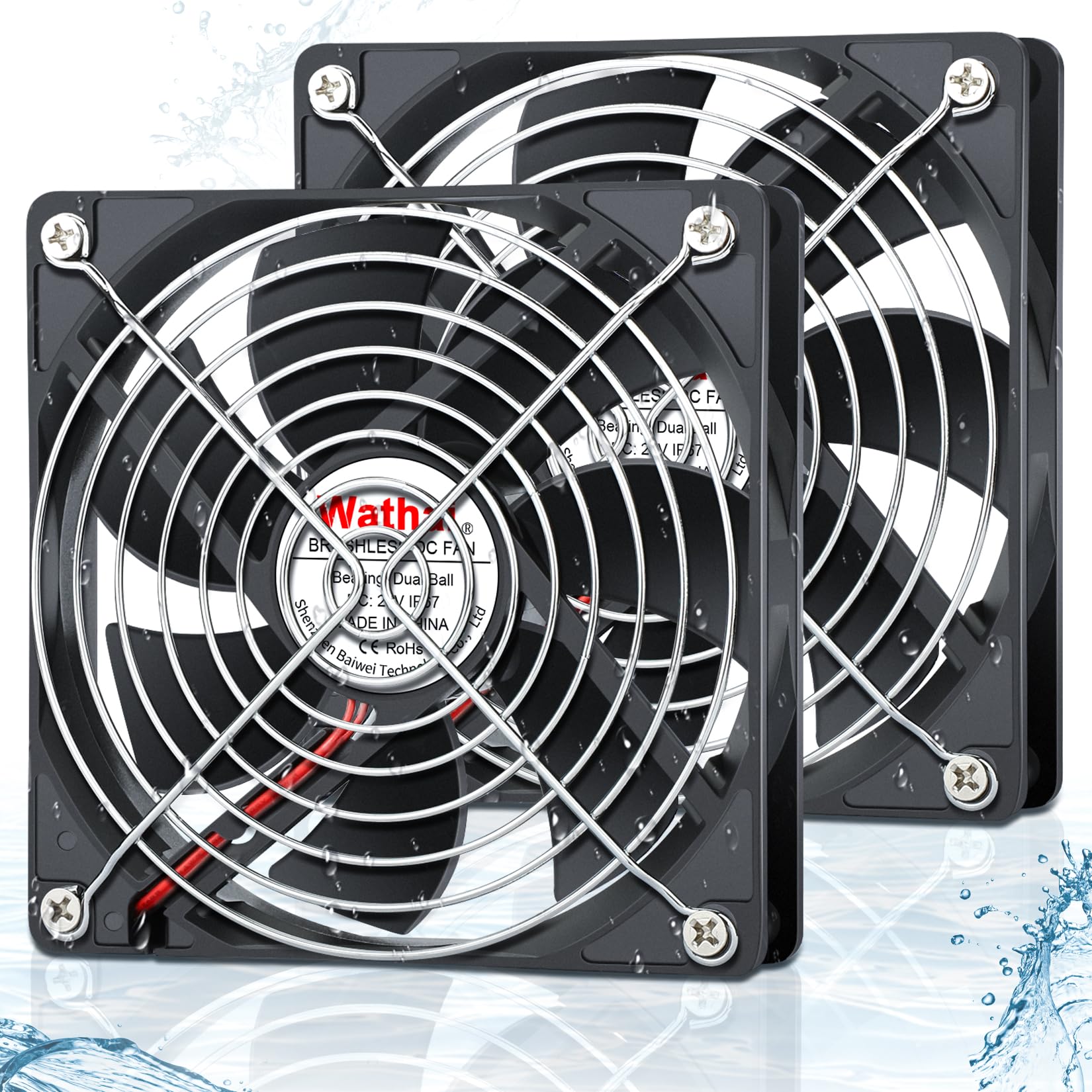 2 Pack Wathai IP67 Waterproof 24V DC 120mm x 25mm Cooling Fan Dual Ball High Proformance for Computer Case, Plasma Cutting, Ice Maker Replacement 24