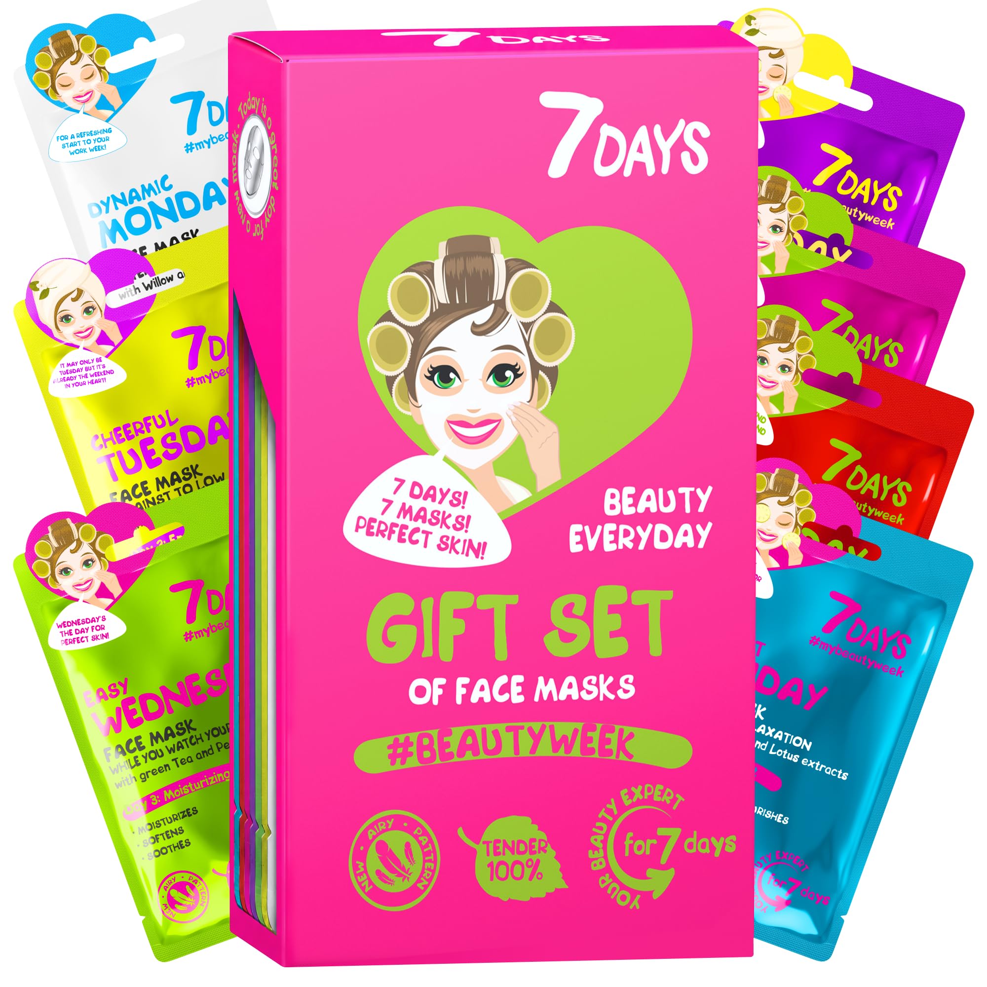 7Days Coffret Cadeau De Soins Pour Le Visage Avec Masques en Feuille - Ensemble De Masques En Tissu Hydratants, Nourrissants Coffret Cadeau Beauté Avec Masque Visage Pour Femmes 7 Pz