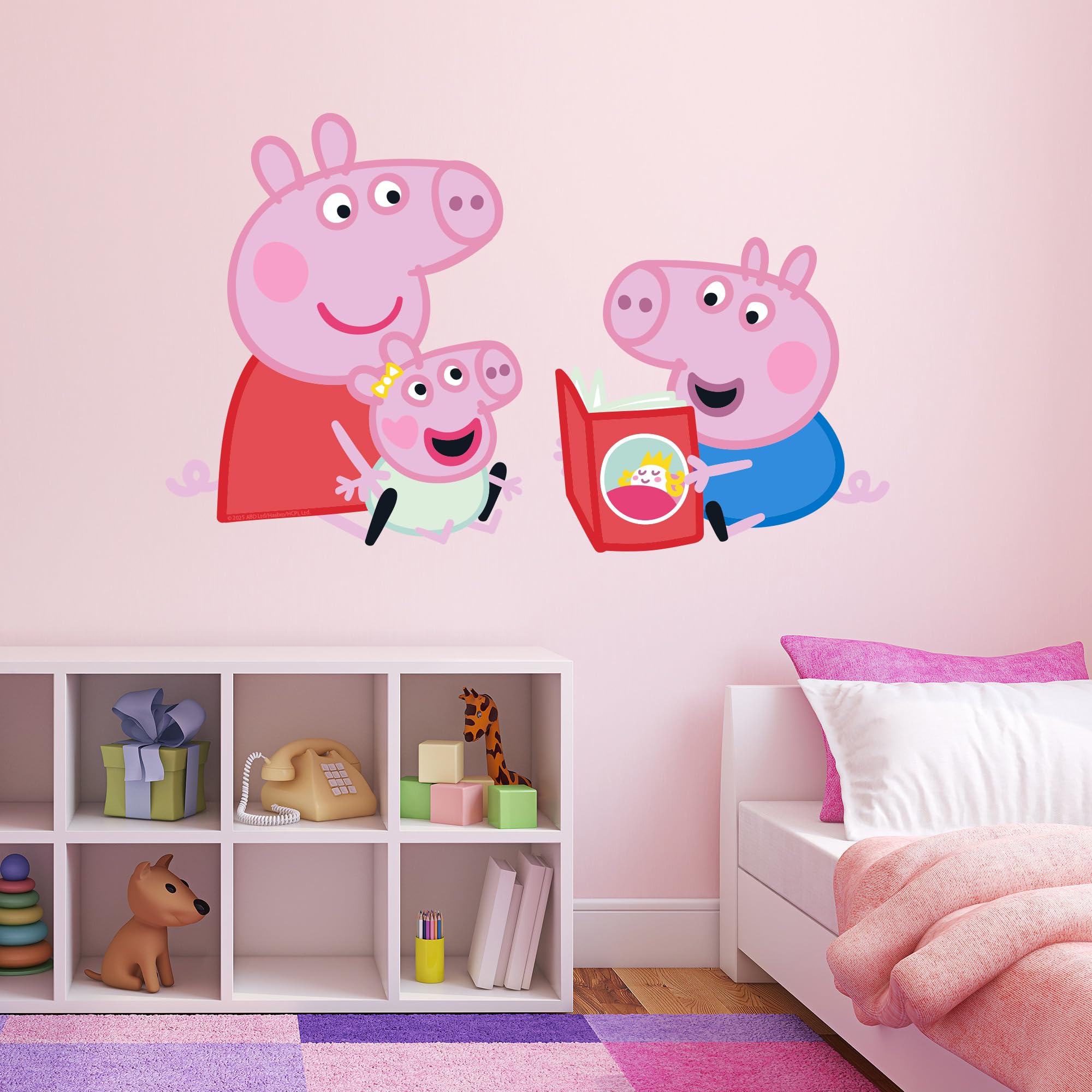 Themed Multicolour Peppa Pig Wall Sticker - Peppa And George Reading To Baby Evie Wall Decal Kids Art (60Cm Width X 55Cm Height)