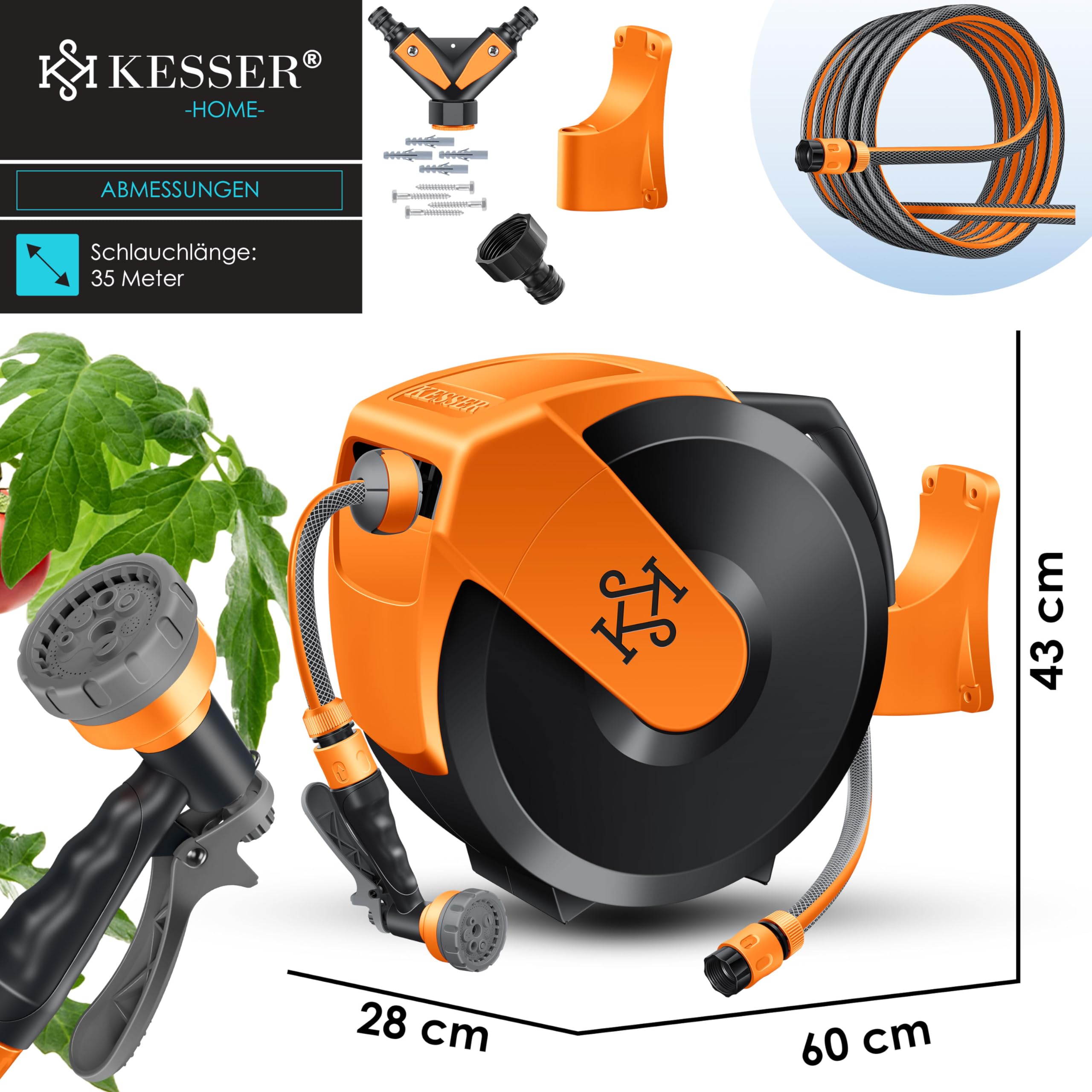 KESSER® Schlauchtrommel mit Gartenschlauch 35m | Wasserschlauchtrommel zur Wandmontage | Wandhalterung | 180° schwenkbar & automatische Aufrollung | Wand-Schlauchbox inkl. 7-Funktionen Handbrause