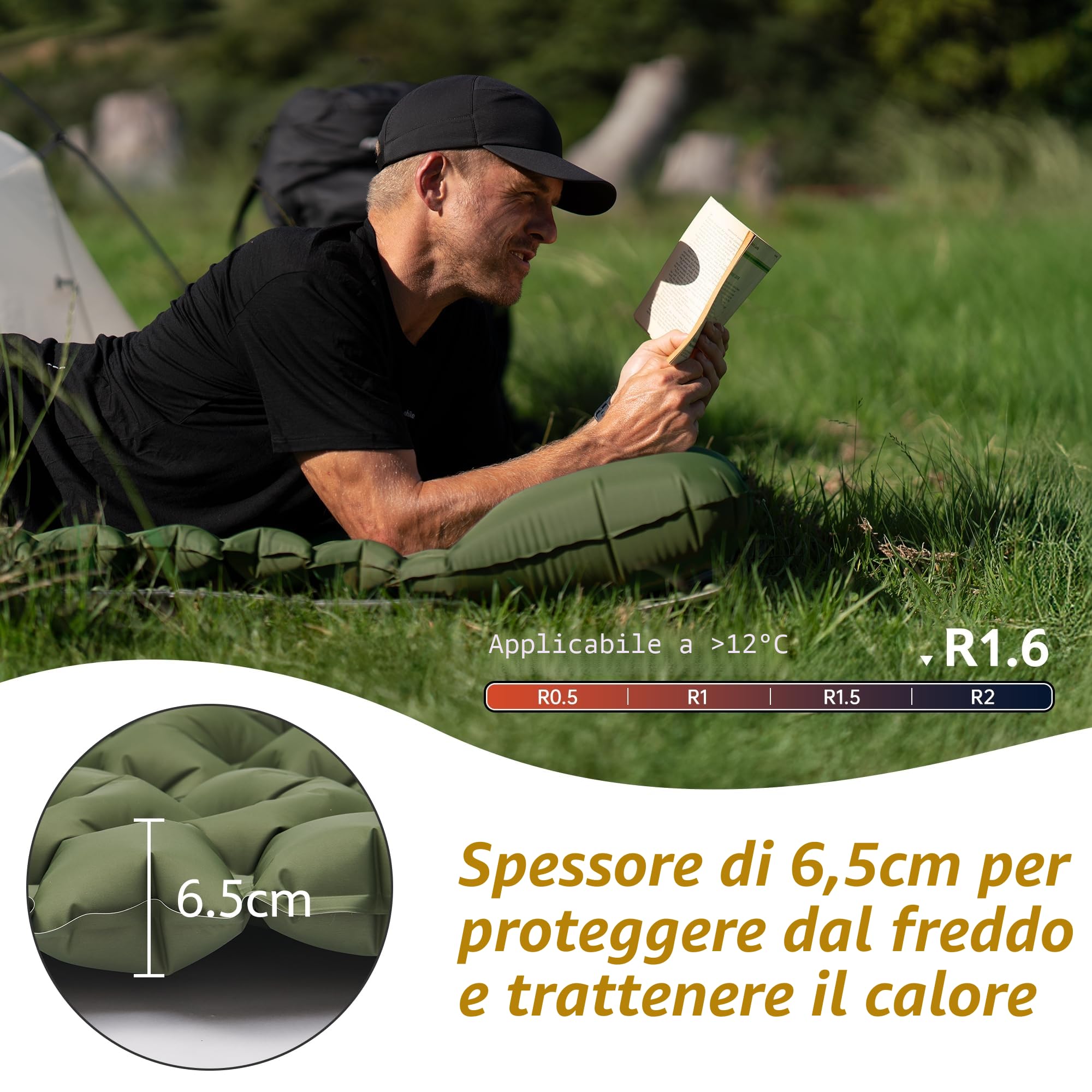 Naturehike Materassino da Campeggio con Cuscino, Ultraleggero, Gonfiabile, Pompa ad Aria Integrata, Facile da Gonfiare, Adatto per Tende da Trekking, Livello di Ingresso (Verde militare - Doppio)