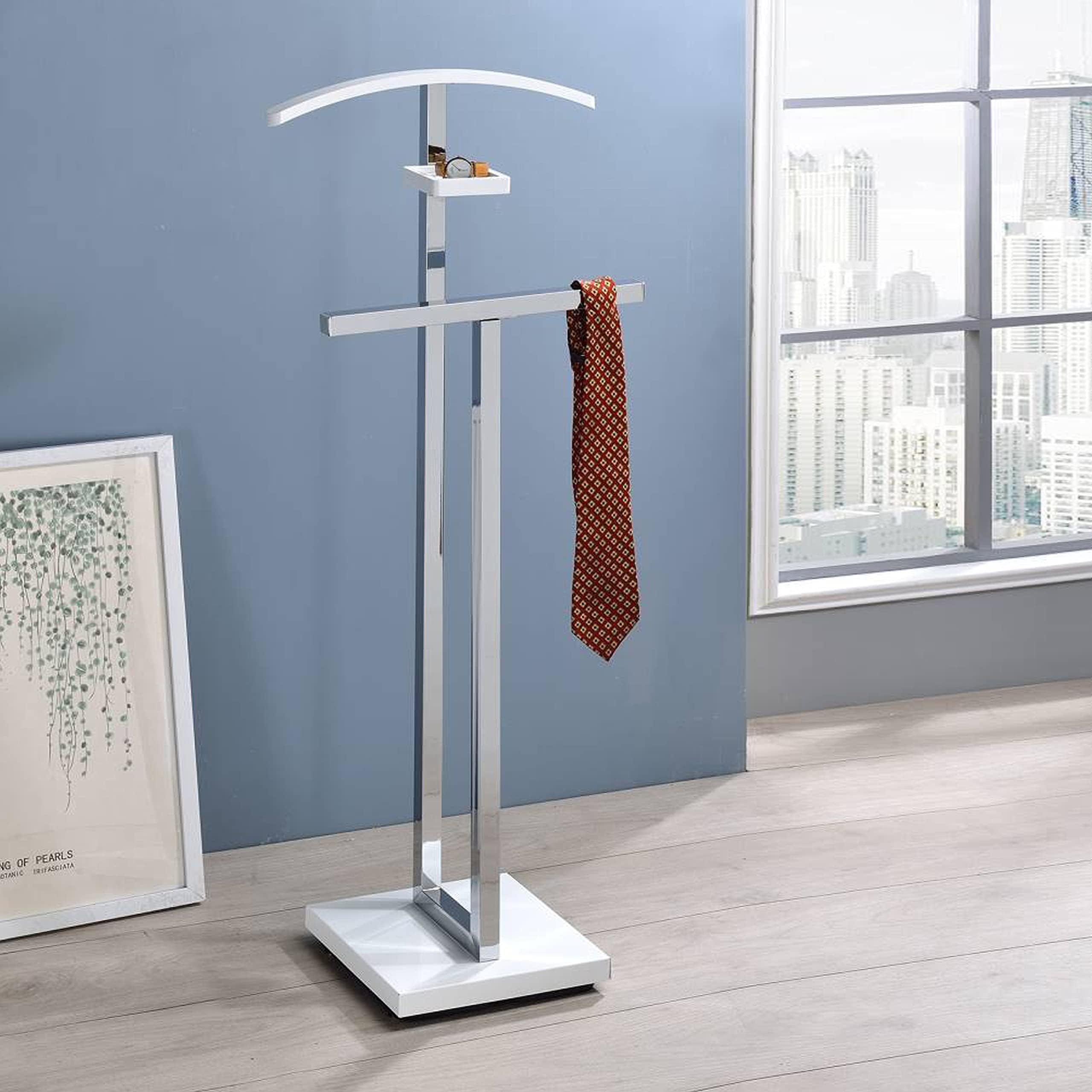 Vaccaro Metal Suit Valet Stand – Freestanding Clothes Organizer with Jacket Hanger, Pants Bar, Tie Holder & Storage Shelf – Modern Bedroom Garment Rack, White/Chrome